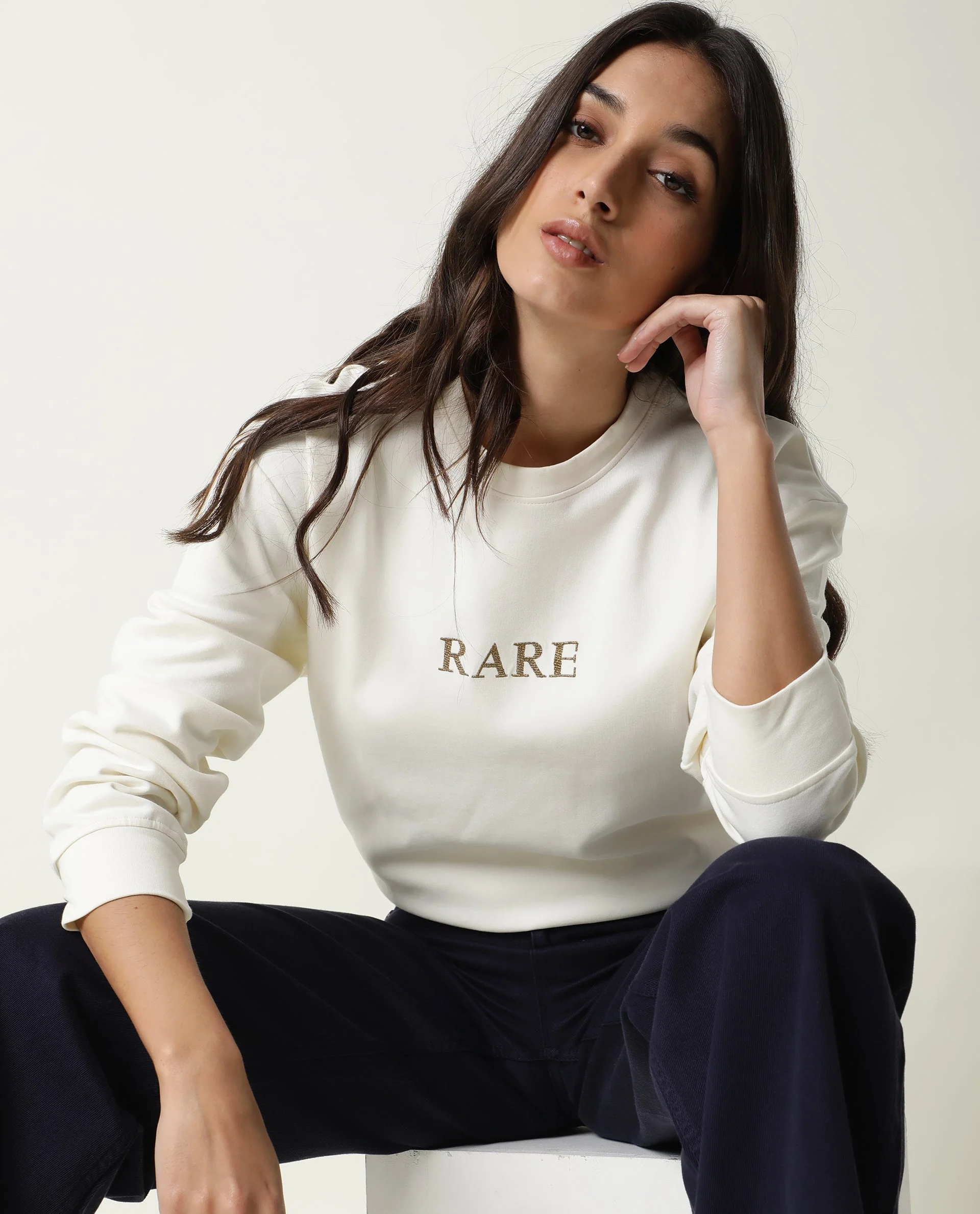 Rareism Womens Goldy Off White Sweatshirt Crew Neck Full Sleeve Cotton Blend Fabric Relaxed Fit - Image 7