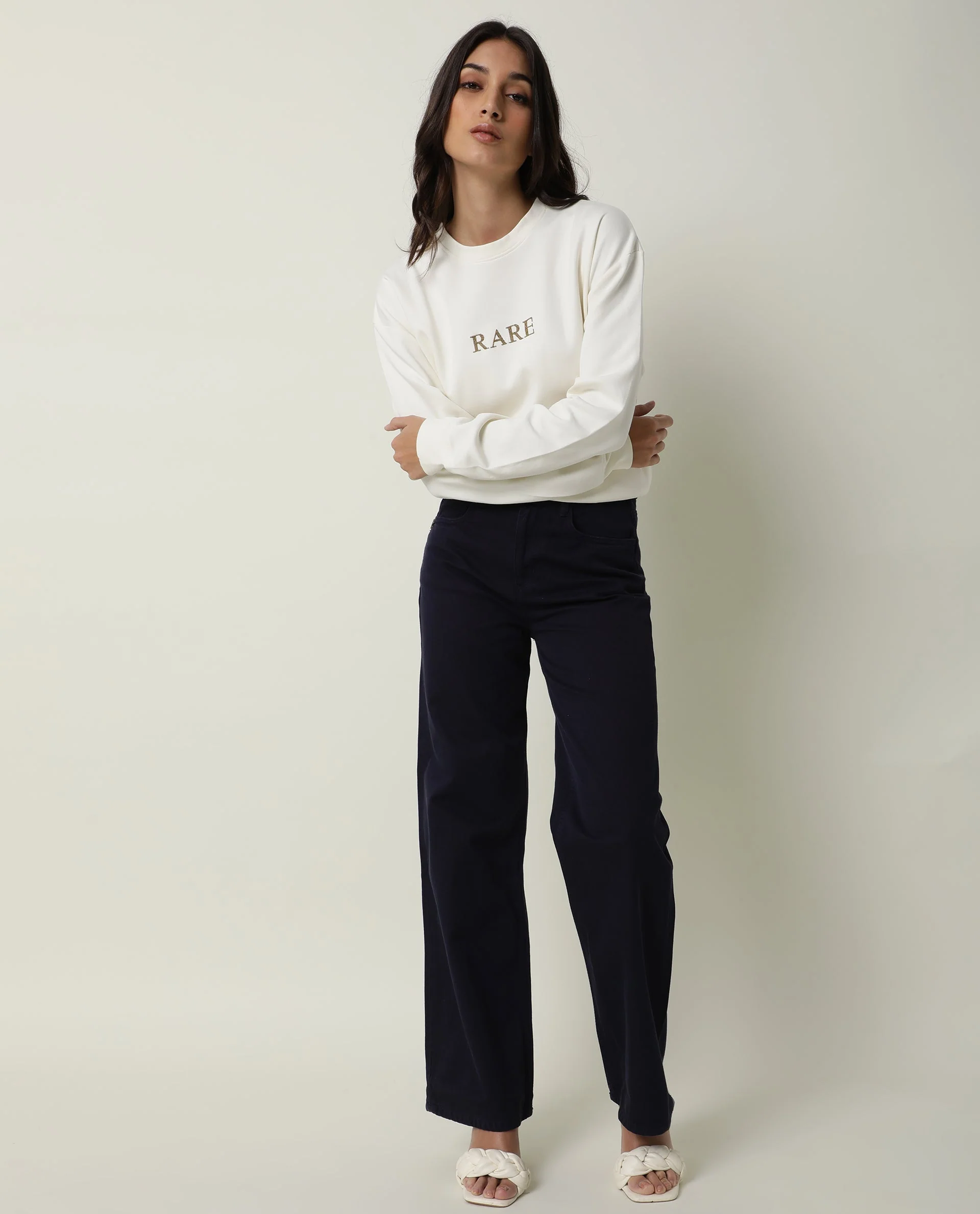 Rareism Womens Goldy Off White Sweatshirt Crew Neck Full Sleeve Cotton Blend Fabric Relaxed Fit - Image 9