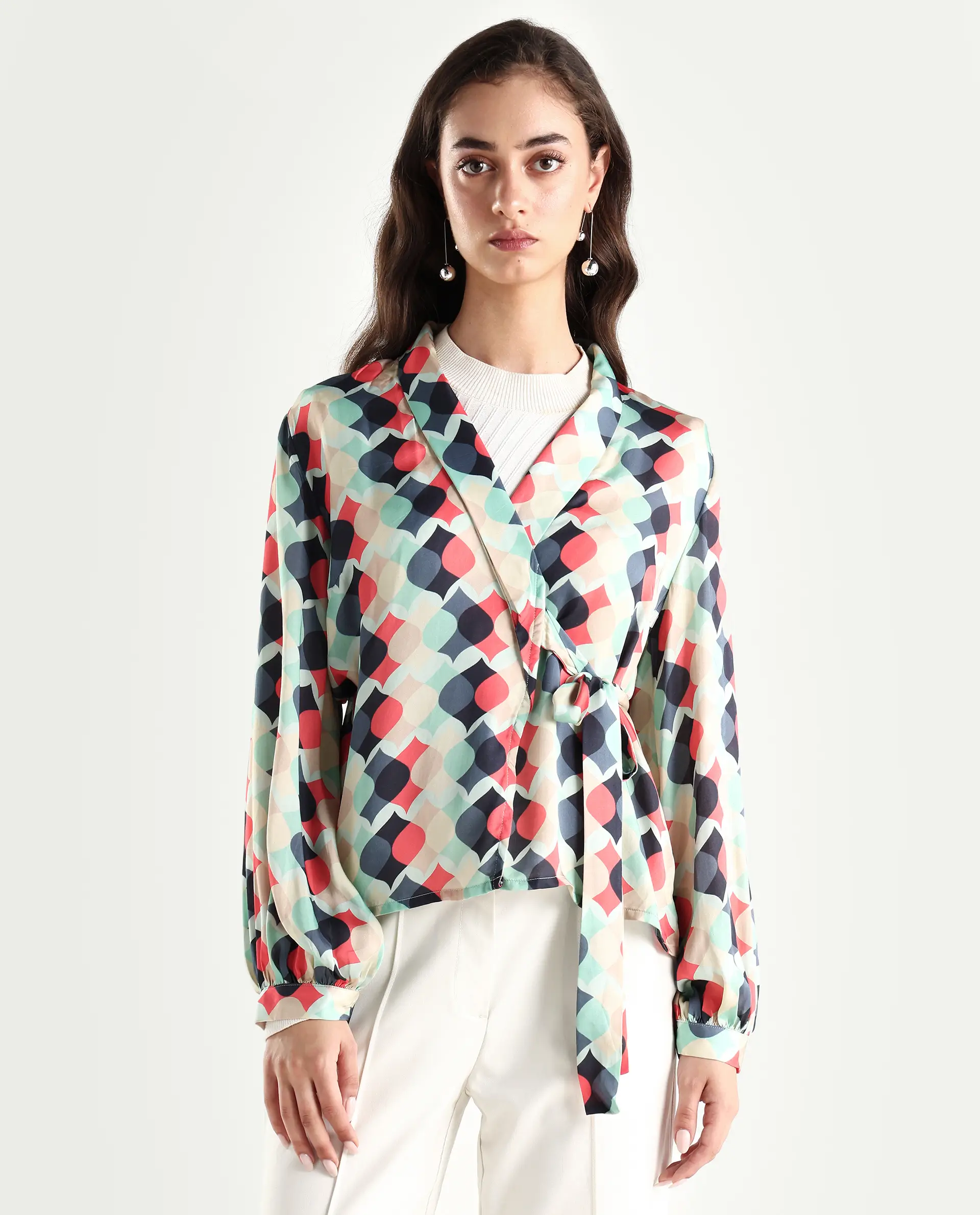 Rareism Women's Golf Multi Lapel Neck Geometric Print Knee Length Tailored Top - Image 4