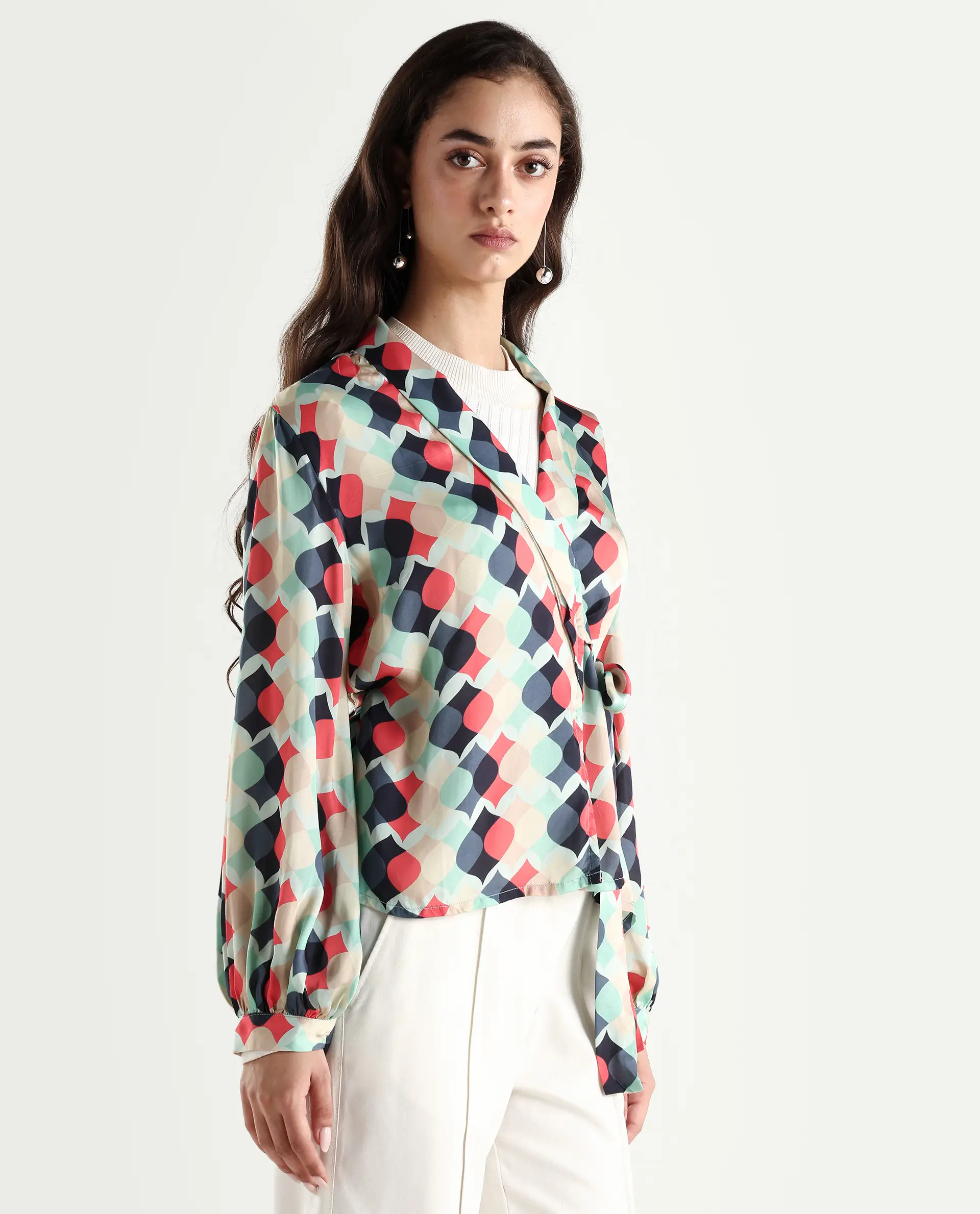 Rareism Women's Golf Multi Lapel Neck Geometric Print Knee Length Tailored Top - Image 6