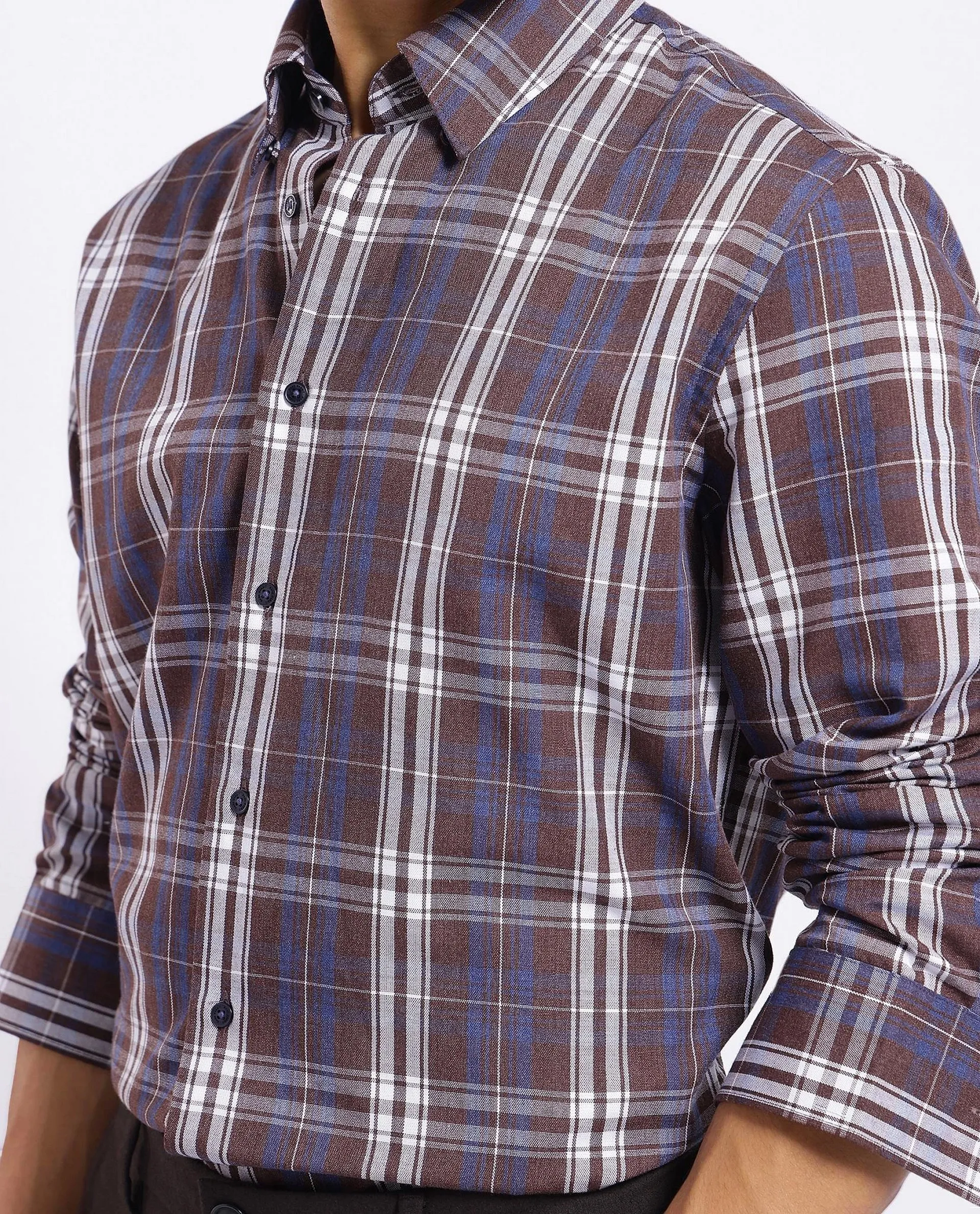 Rare Rabbit Men's Golk Brown Cotton Checked Print Regular Fit Full Sleeve Collared Shirt - Image 3