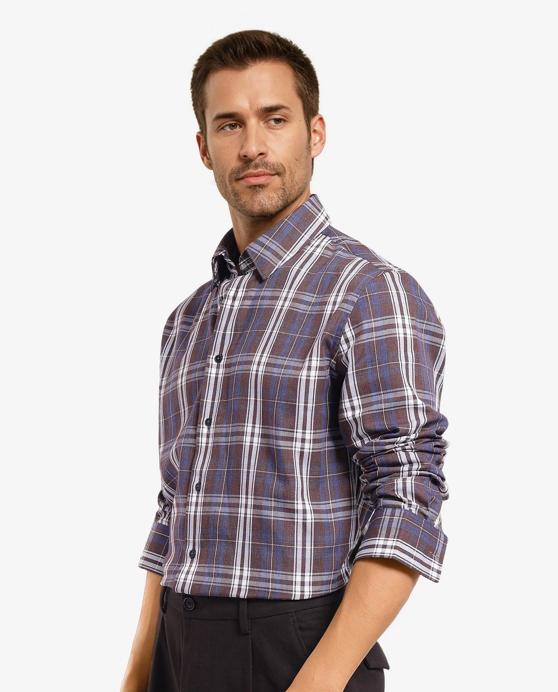 Rare Rabbit Men's Golk Brown Cotton Checked Print Regular Fit Full Sleeve Collared Shirt - Image 5