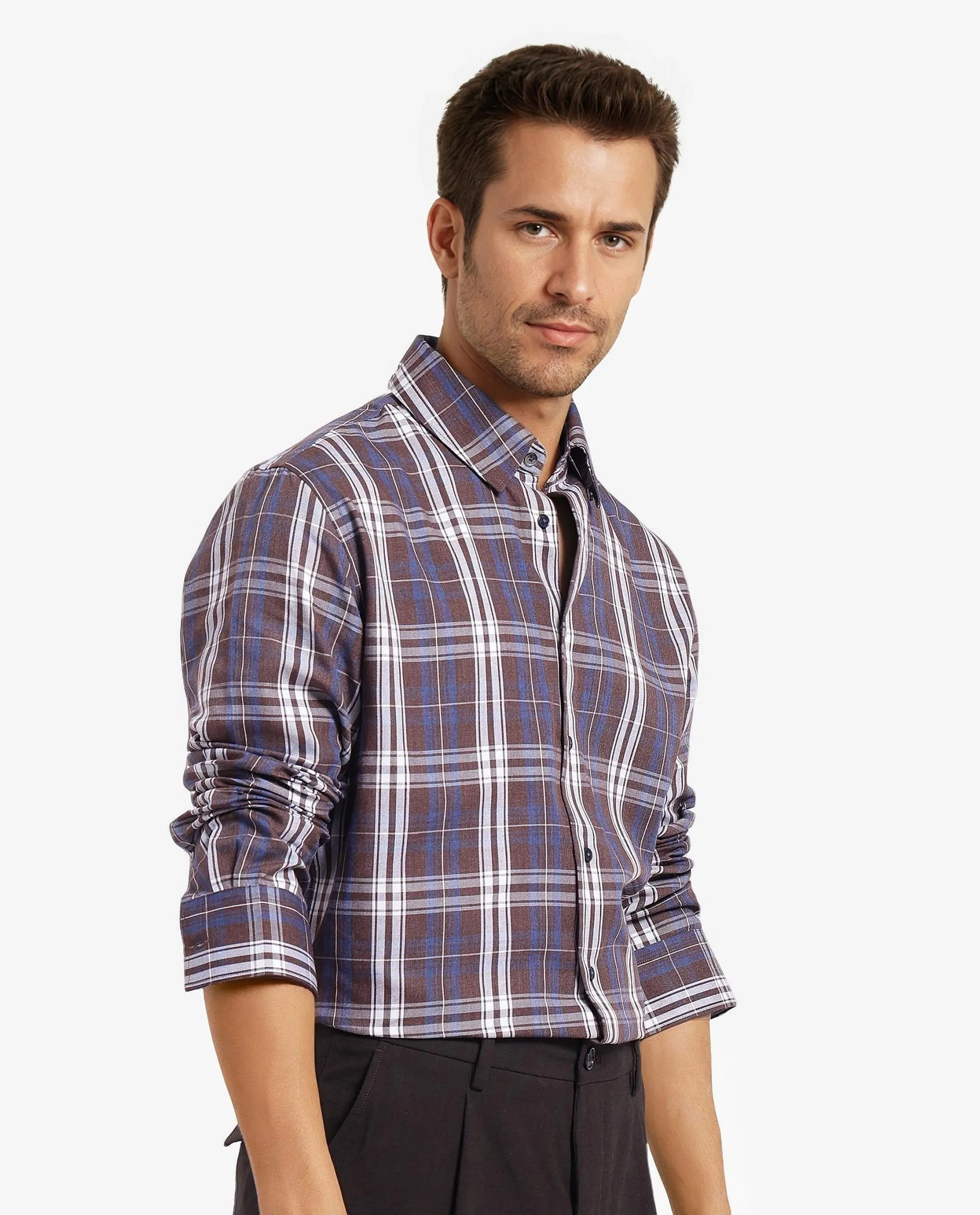 Rare Rabbit Men's Golk Brown Cotton Checked Print Regular Fit Full Sleeve Collared Shirt - Image 6