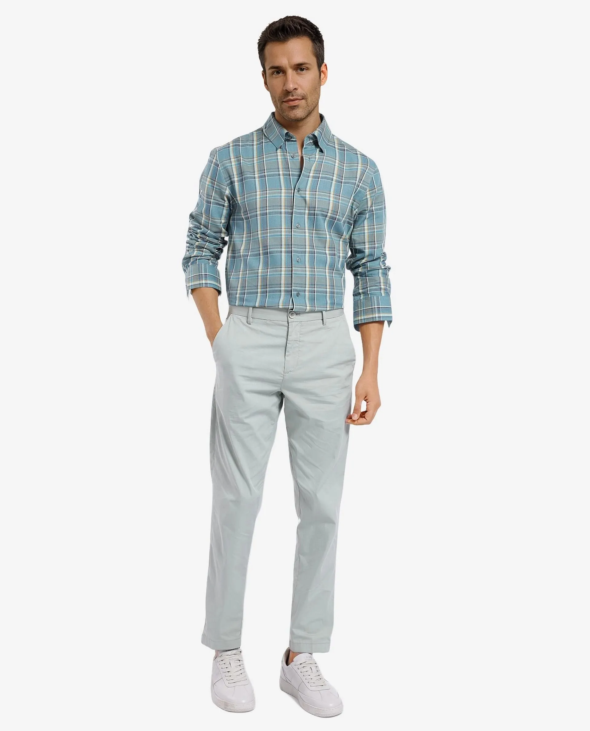 Rare Rabbit Men's Golk Turq Cotton Checked Print Regular Fit Full Sleeve Collared Shirt - Image 2