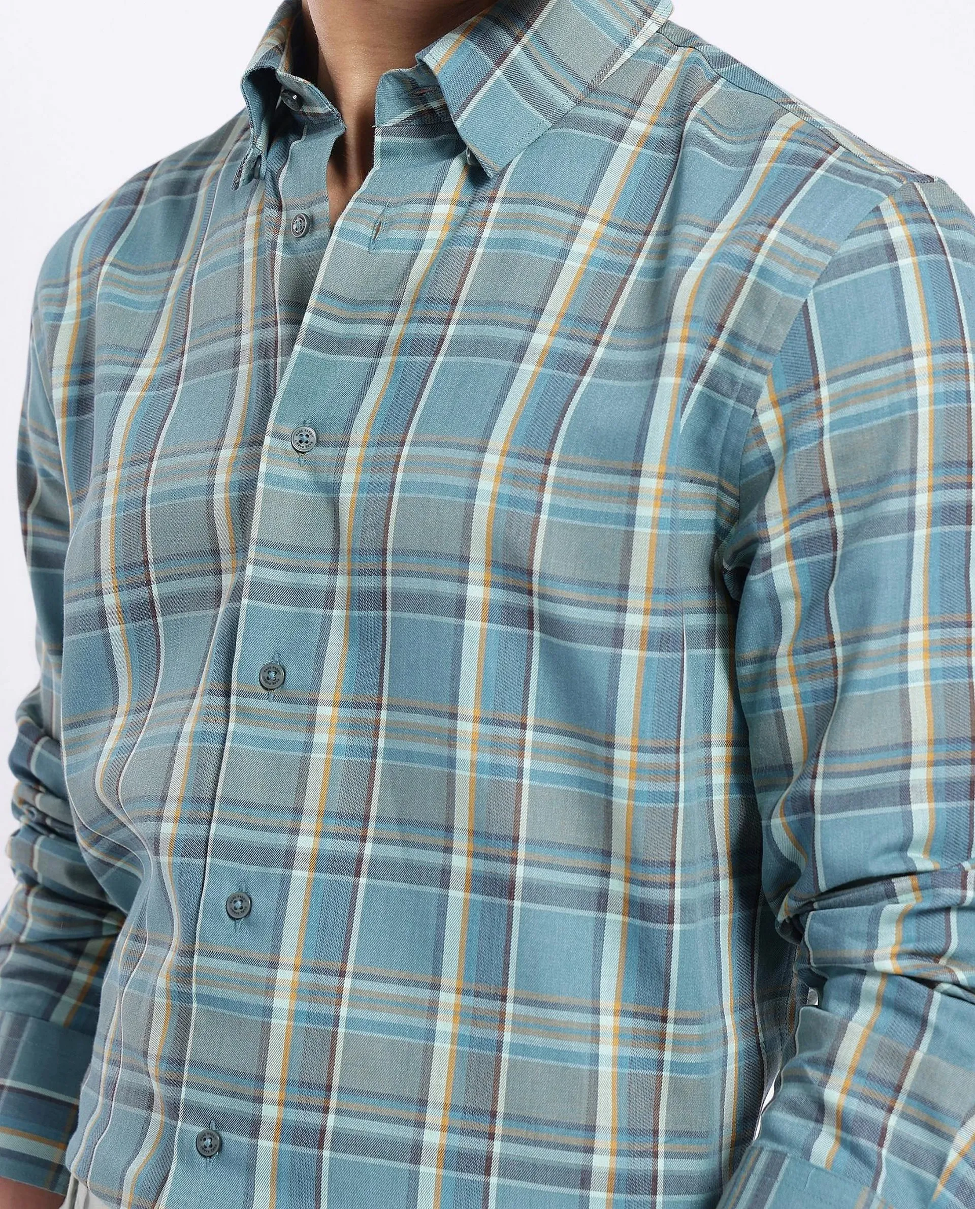 Rare Rabbit Men's Golk Turq Cotton Checked Print Regular Fit Full Sleeve Collared Shirt - Image 3