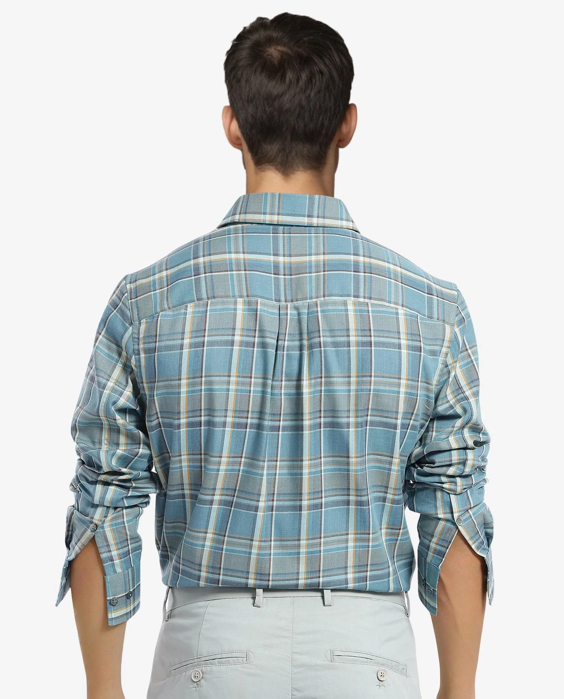 Rare Rabbit Men's Golk Turq Cotton Checked Print Regular Fit Full Sleeve Collared Shirt - Image 4