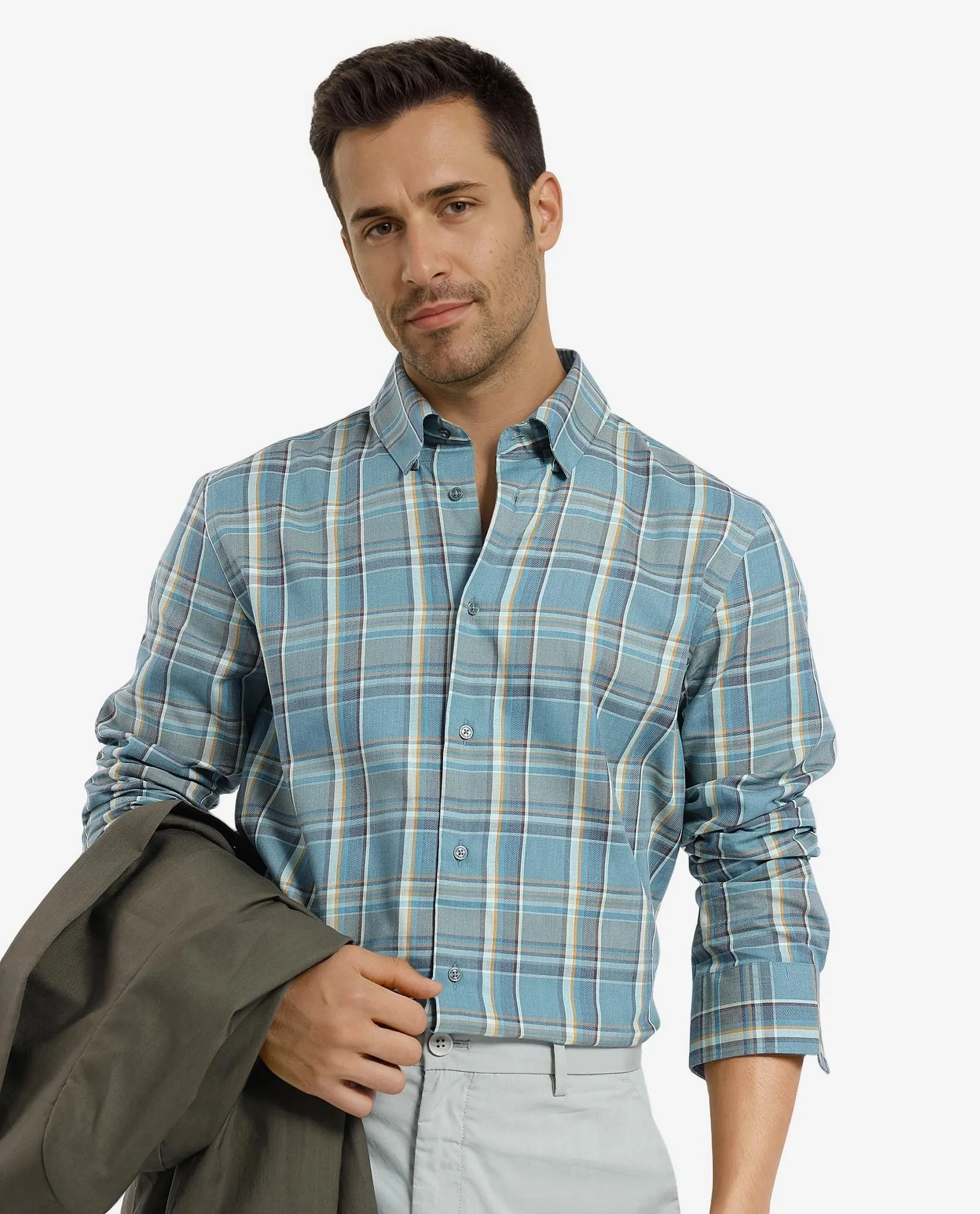 Rare Rabbit Men's Golk Turq Cotton Checked Print Regular Fit Full Sleeve Collared Shirt - Image 5