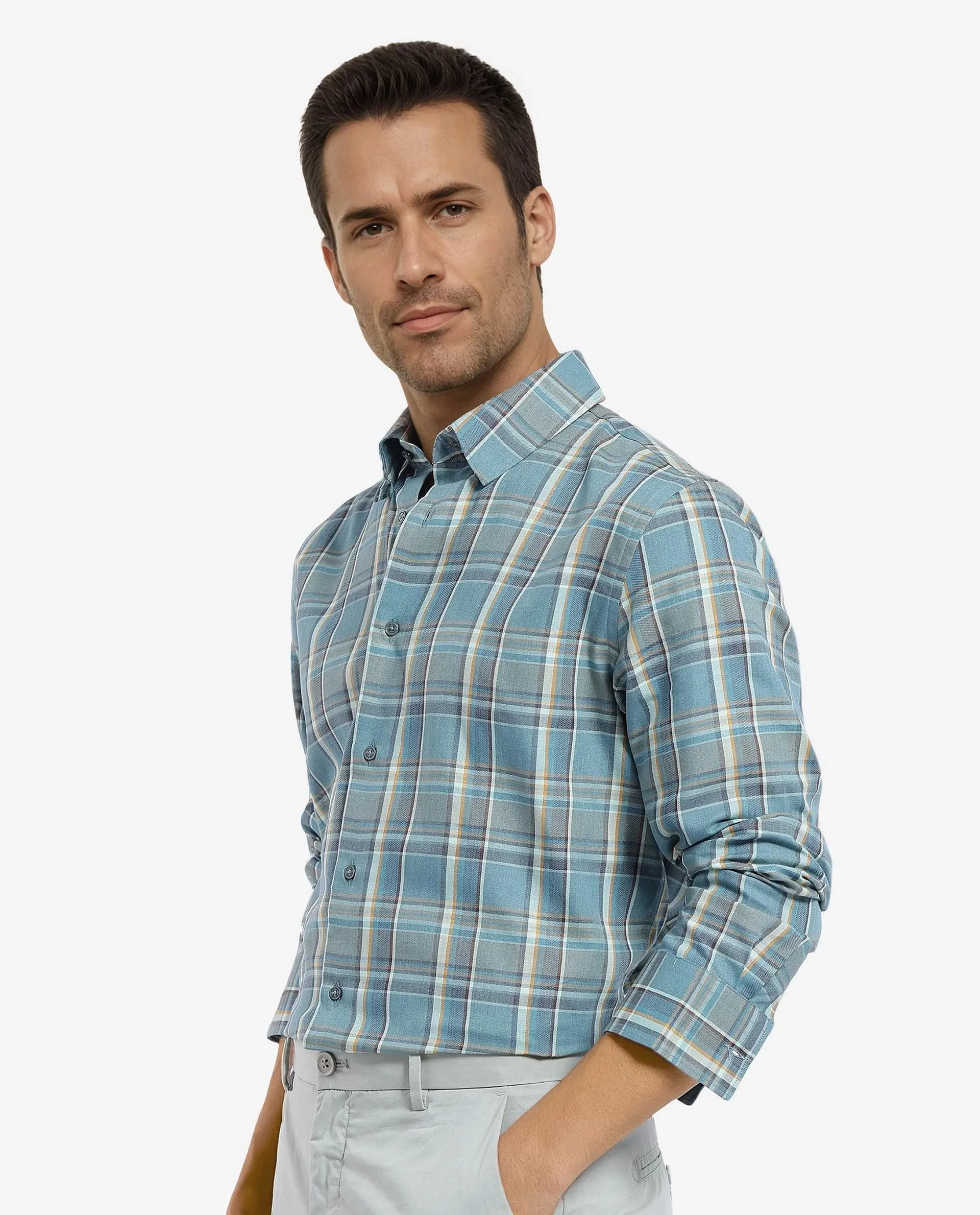 Rare Rabbit Men's Golk Turq Cotton Checked Print Regular Fit Full Sleeve Collared Shirt - Image 6
