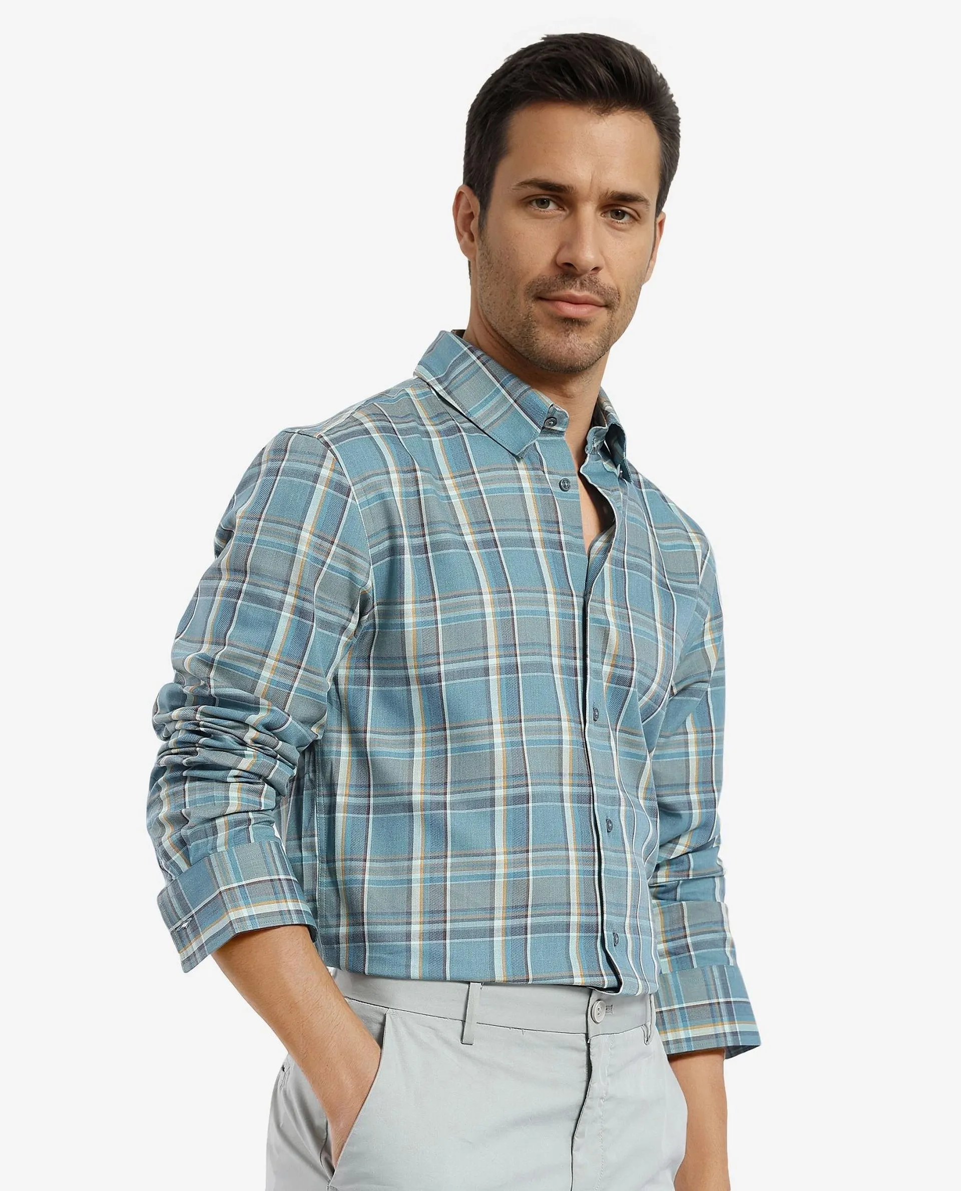 Rare Rabbit Men's Golk Turq Cotton Checked Print Regular Fit Full Sleeve Collared Shirt - Image 7
