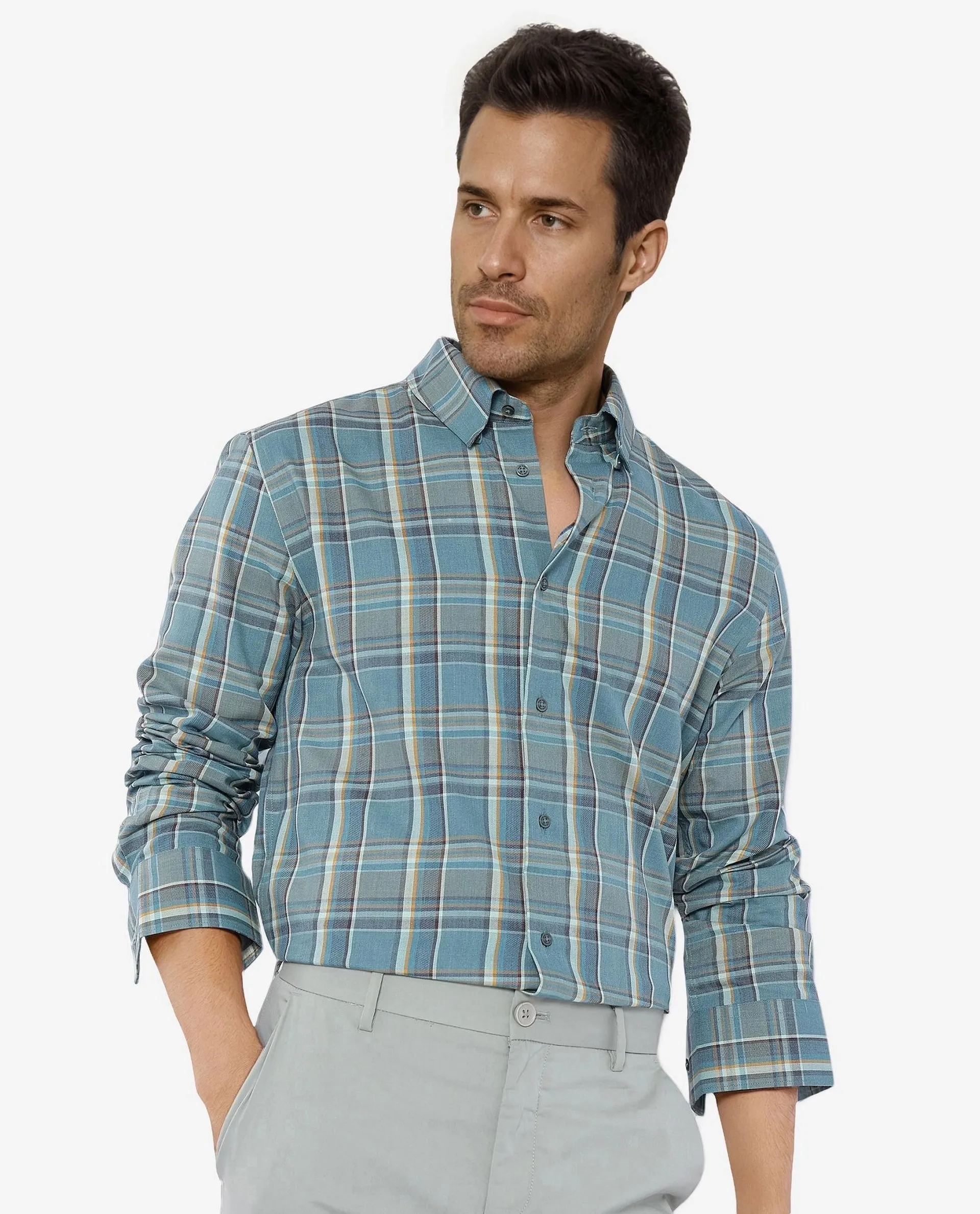 Rare Rabbit Men's Golk Turq Cotton Checked Print Regular Fit Full Sleeve Collared Shirt - Image 9