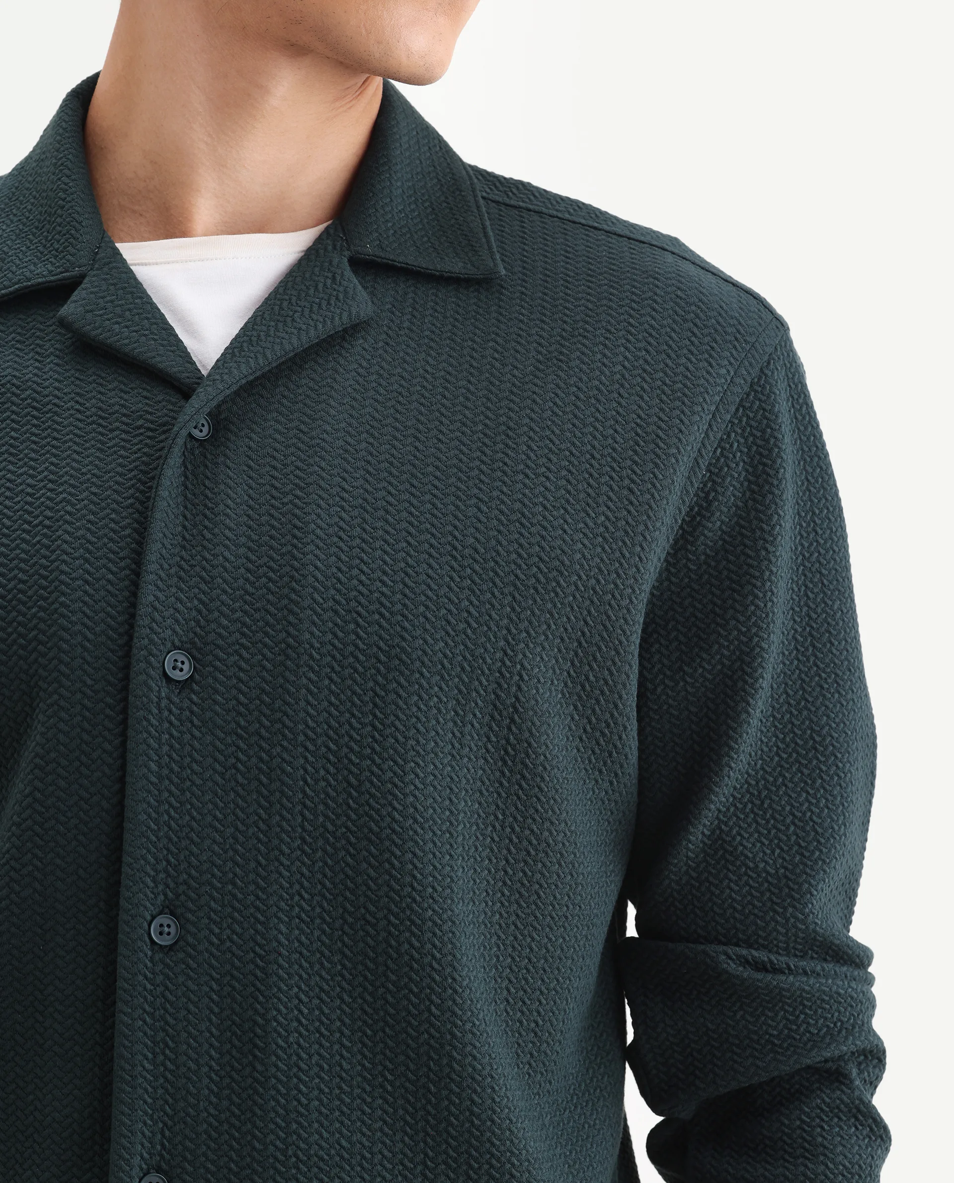 Rare Rabbit Men's Gomi Dark Green Cotton Blend Fabric Full Sleeve Regular Fit Textured Shirt - Image 3