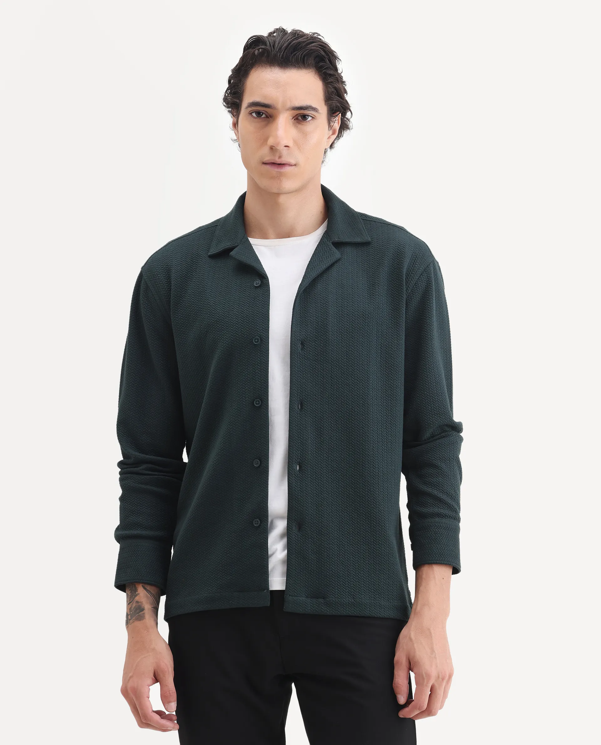 Rare Rabbit Men's Gomi Dark Green Cotton Blend Fabric Full Sleeve Regular Fit Textured Shirt - Image 4