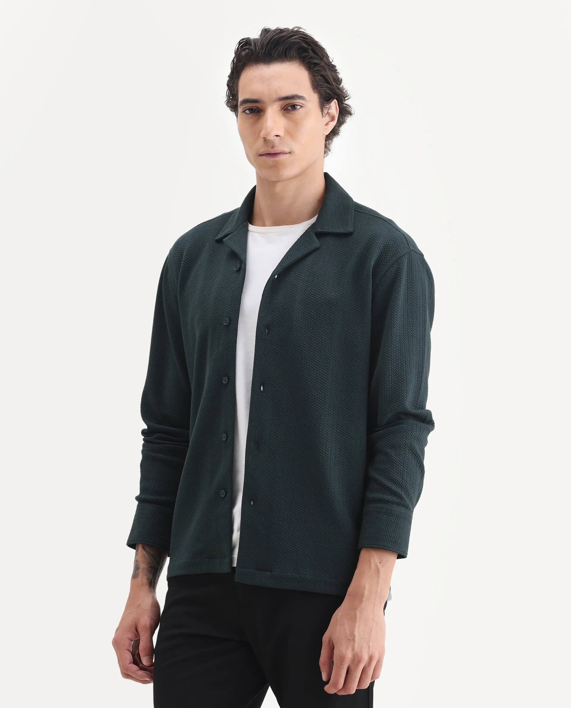 Rare Rabbit Men's Gomi Dark Green Cotton Blend Fabric Full Sleeve Regular Fit Textured Shirt - Image 5