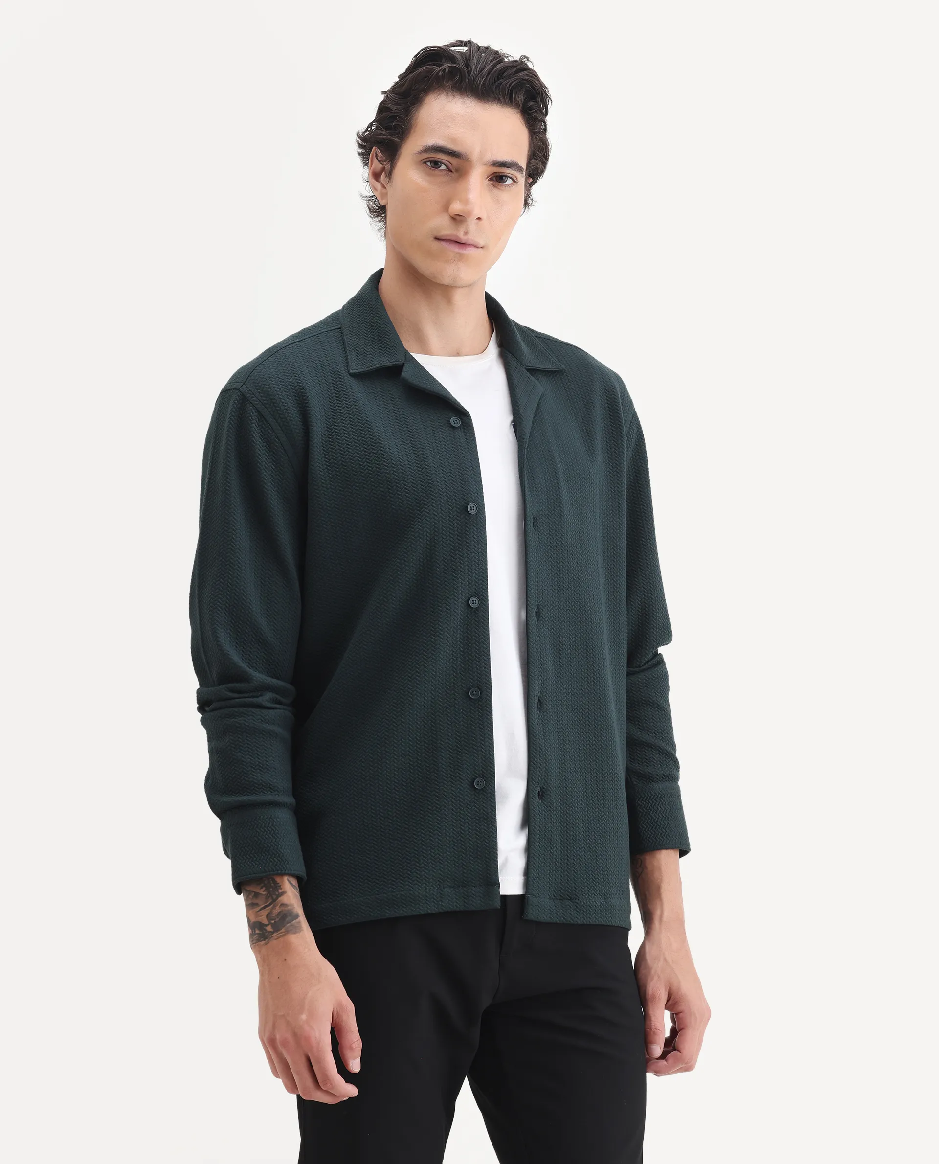 Rare Rabbit Men's Gomi Dark Green Cotton Blend Fabric Full Sleeve Regular Fit Textured Shirt - Image 6