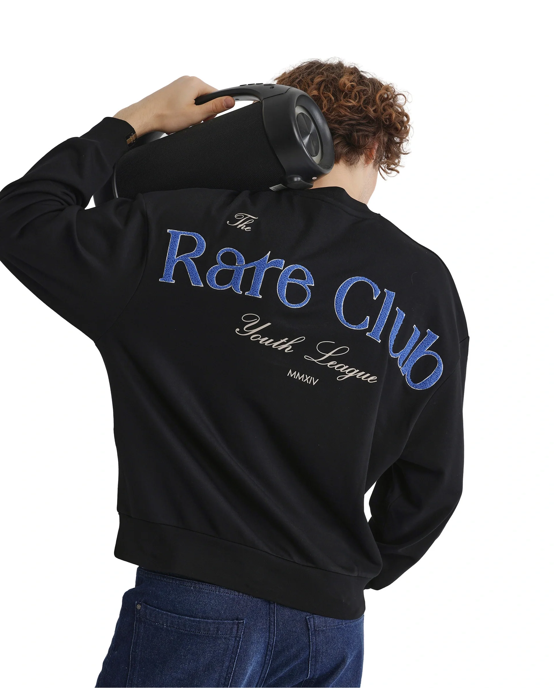 Rare Rabbit Men's Gordes Black Printed Oversized Fit Full Sleeve Crew Neck Sweatshirt