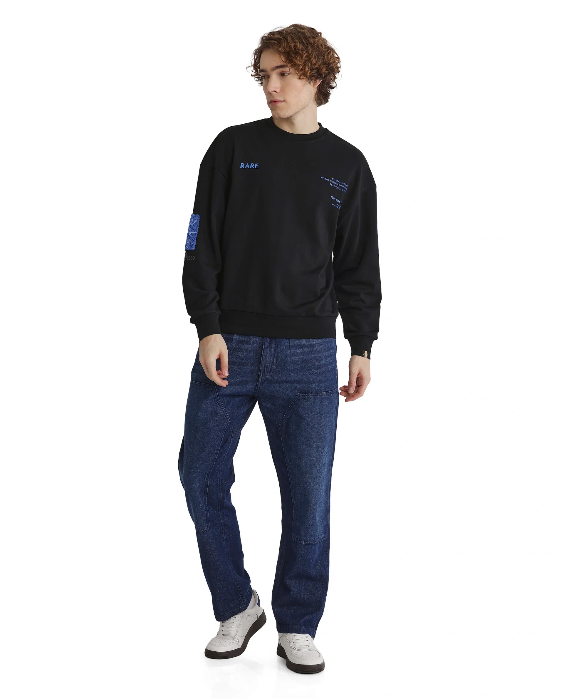 Rare Rabbit Men's Gordes Black Printed Oversized Fit Full Sleeve Crew Neck Sweatshirt - Image 2