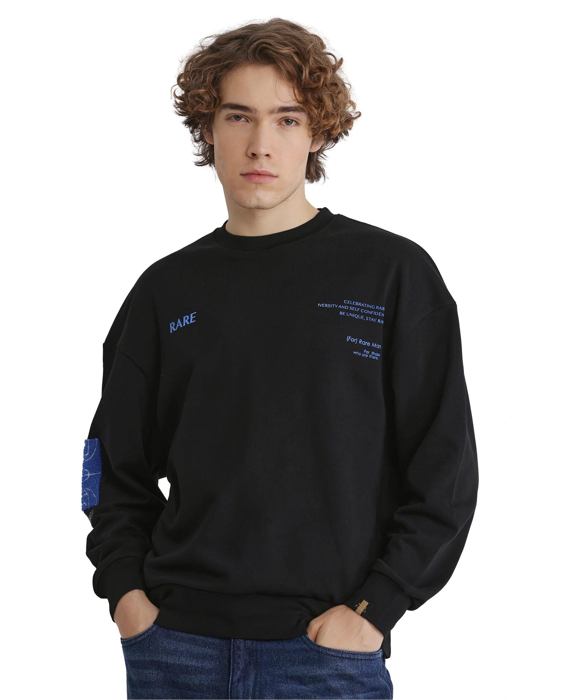 Rare Rabbit Men's Gordes Black Printed Oversized Fit Full Sleeve Crew Neck Sweatshirt - Image 3