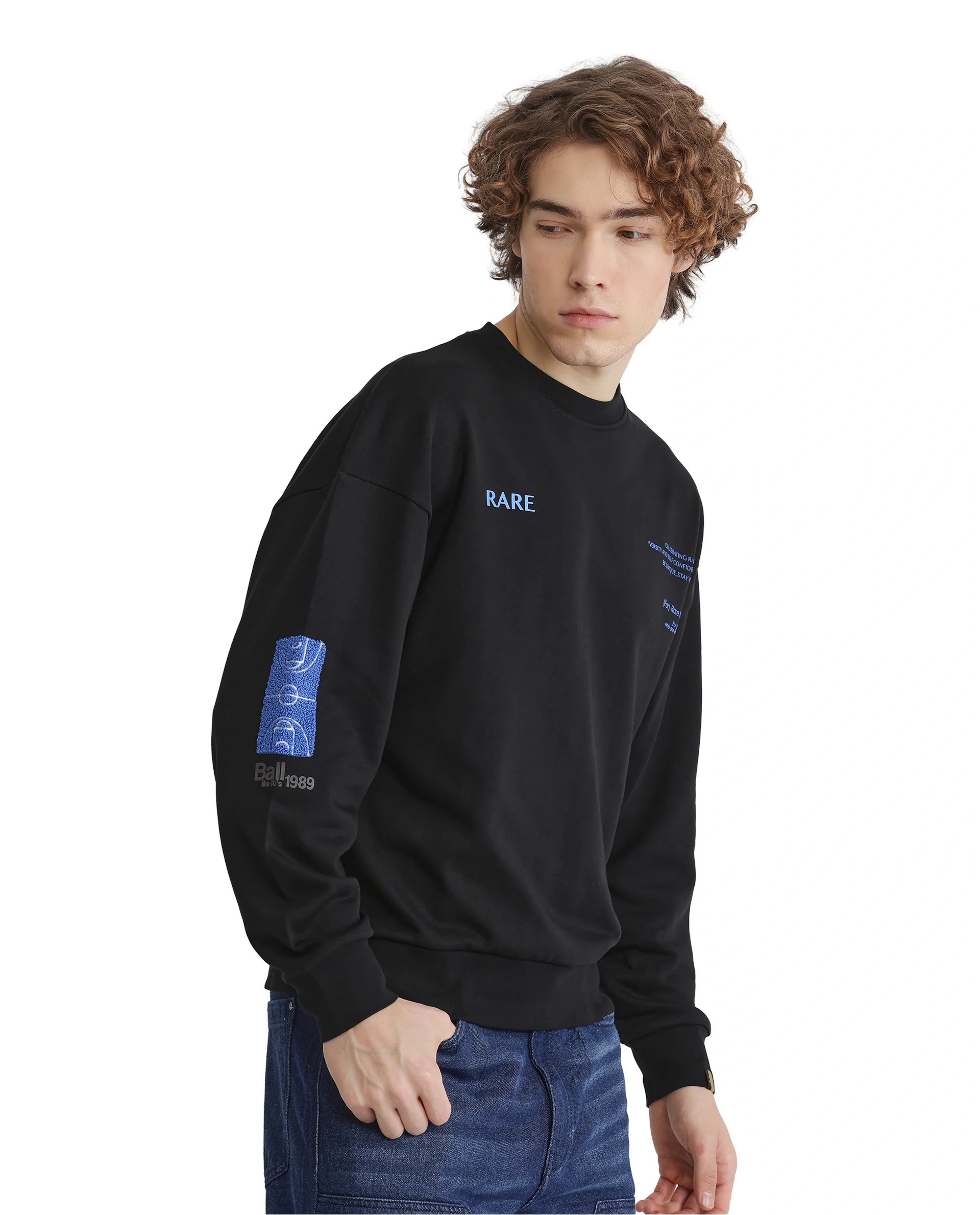 Rare Rabbit Men's Gordes Black Printed Oversized Fit Full Sleeve Crew Neck Sweatshirt - Image 5