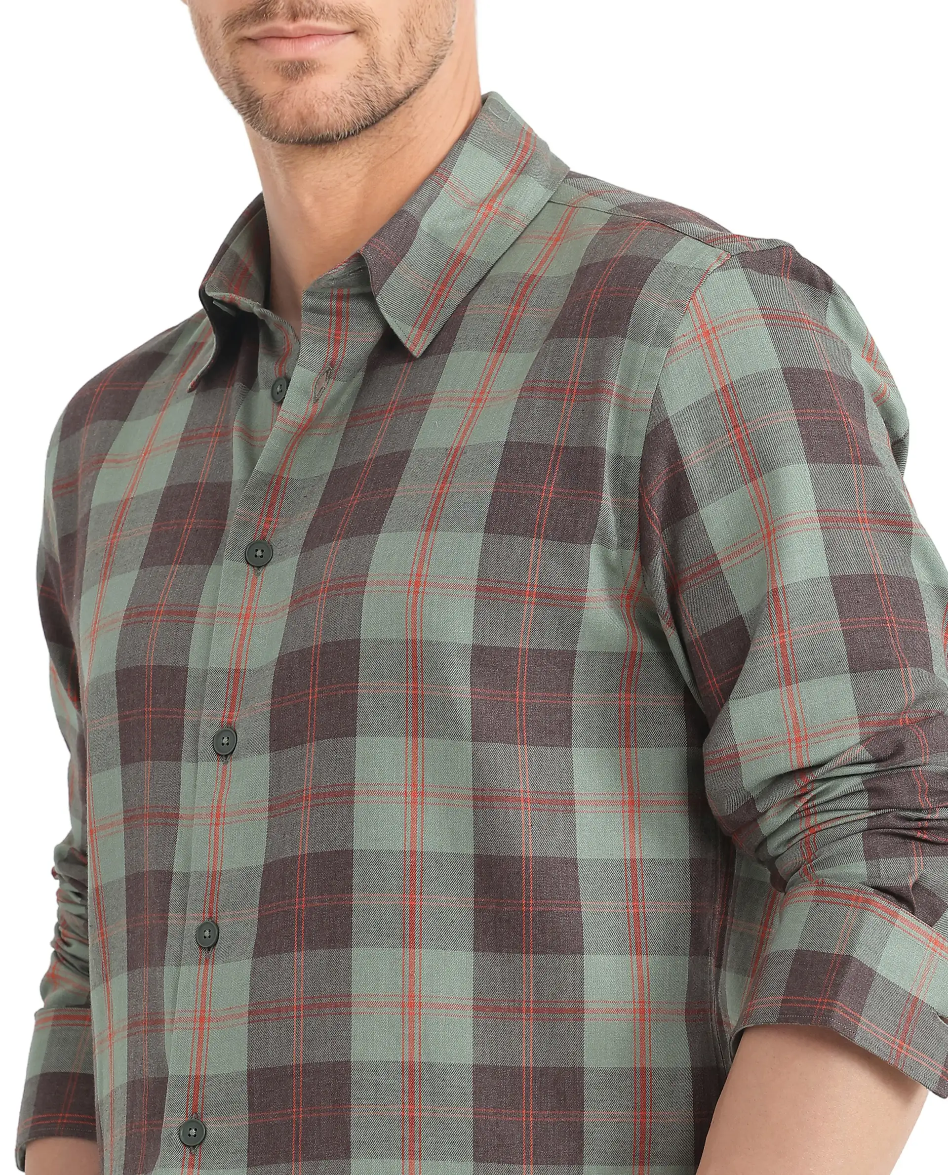 Rare Rabbit Men's Gory Dark Olive Cotton Checked Print Regular Fit Full Sleeve Collared Shirt - Image 3