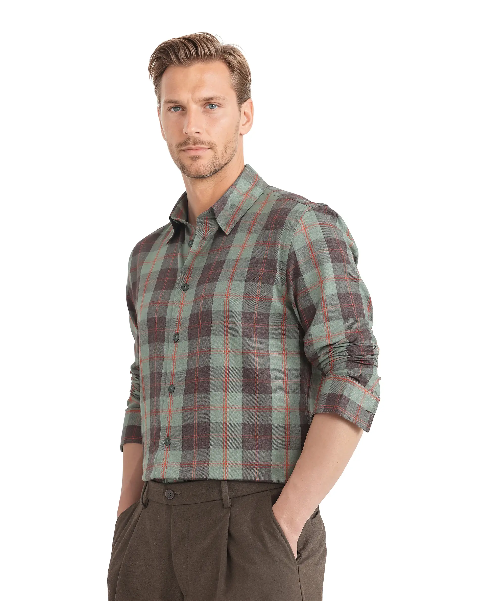 Rare Rabbit Men's Gory Dark Olive Cotton Checked Print Regular Fit Full Sleeve Collared Shirt - Image 6