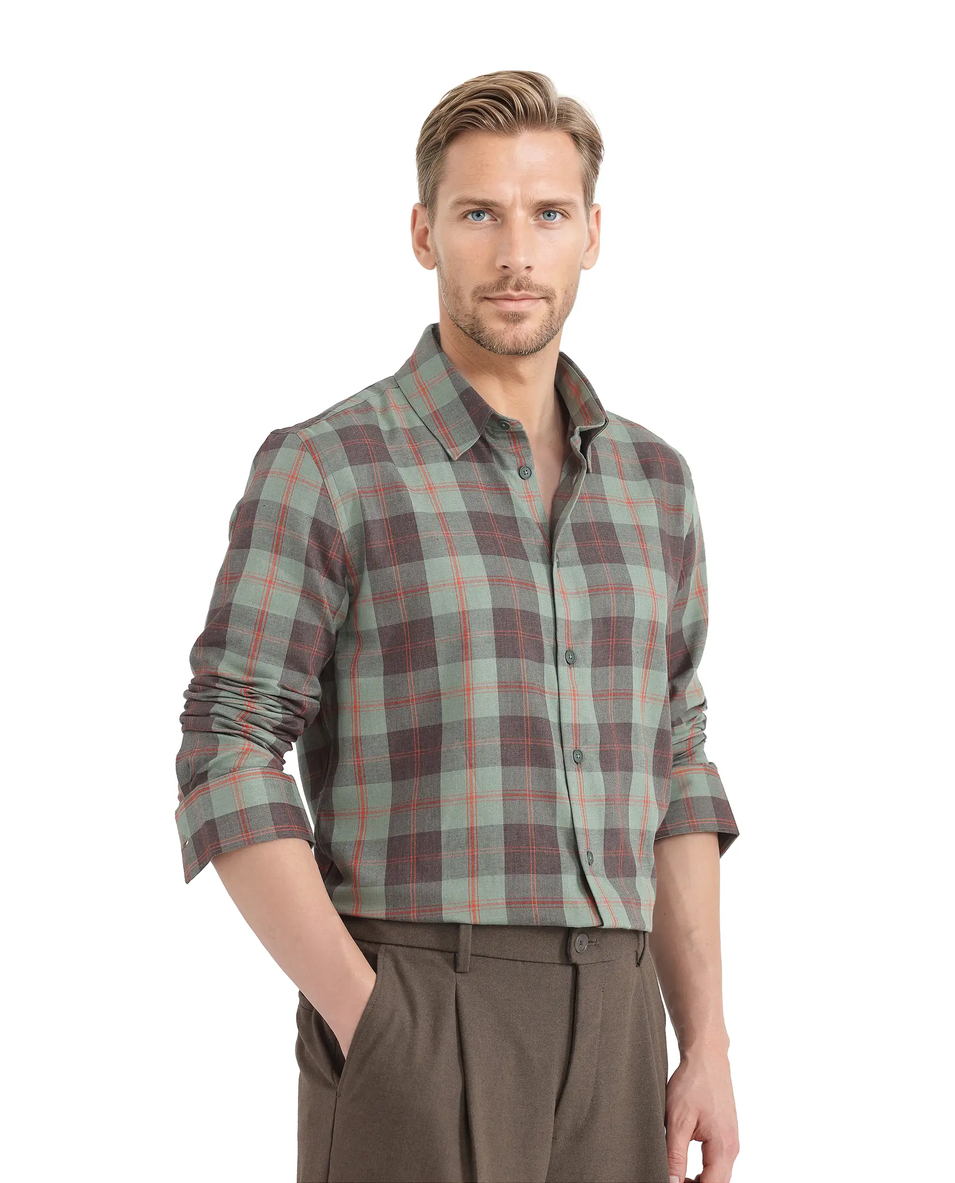 Rare Rabbit Men's Gory Dark Olive Cotton Checked Print Regular Fit Full Sleeve Collared Shirt - Image 7