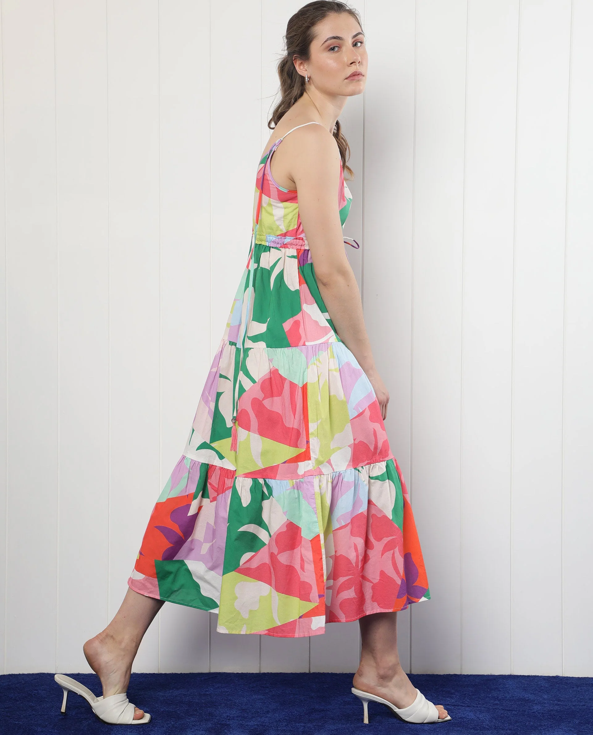 Rareism Women's Grace Multi Cotton V-Neck Floral Print Shoulder Strap Knee Length Regular Fit Dress - Image 5