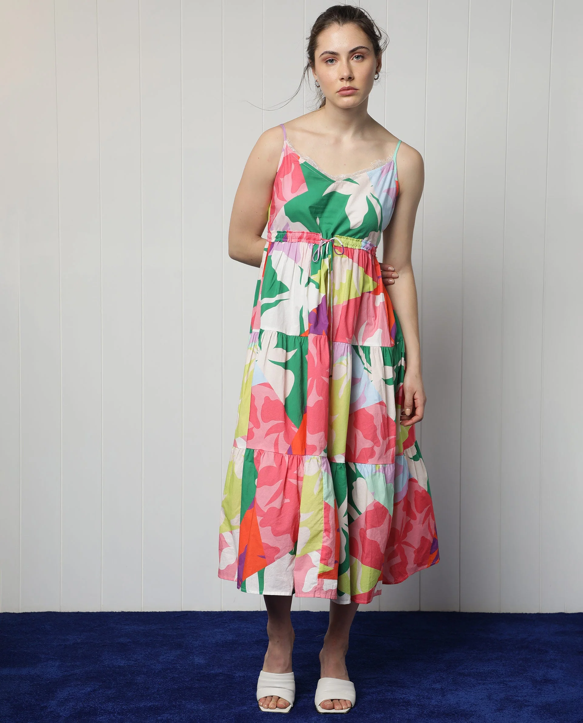 Rareism Women's Grace Multi Cotton V-Neck Floral Print Shoulder Strap Knee Length Regular Fit Dress - Image 6