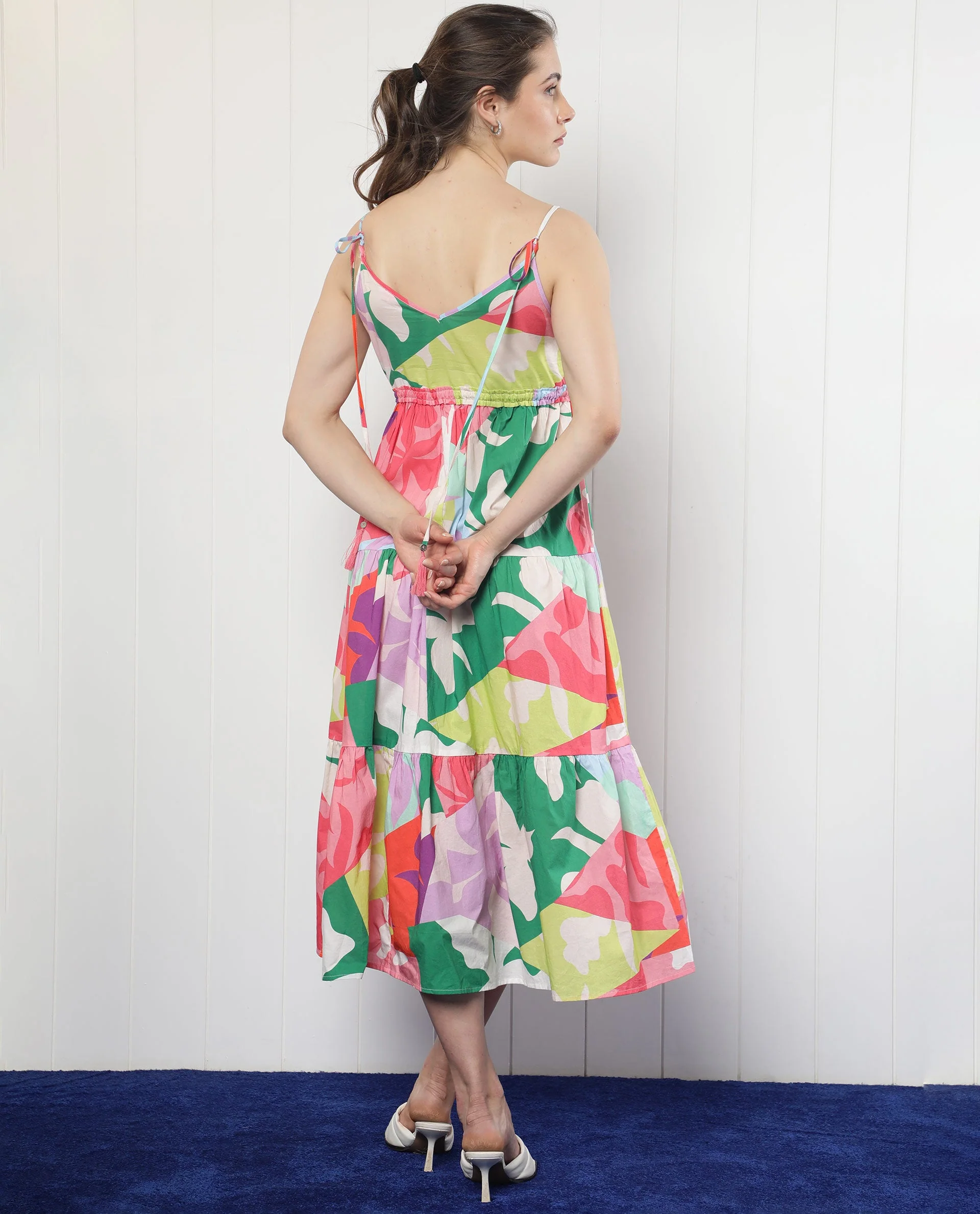 Rareism Women's Grace Multi Cotton V-Neck Floral Print Shoulder Strap Knee Length Regular Fit Dress - Image 7