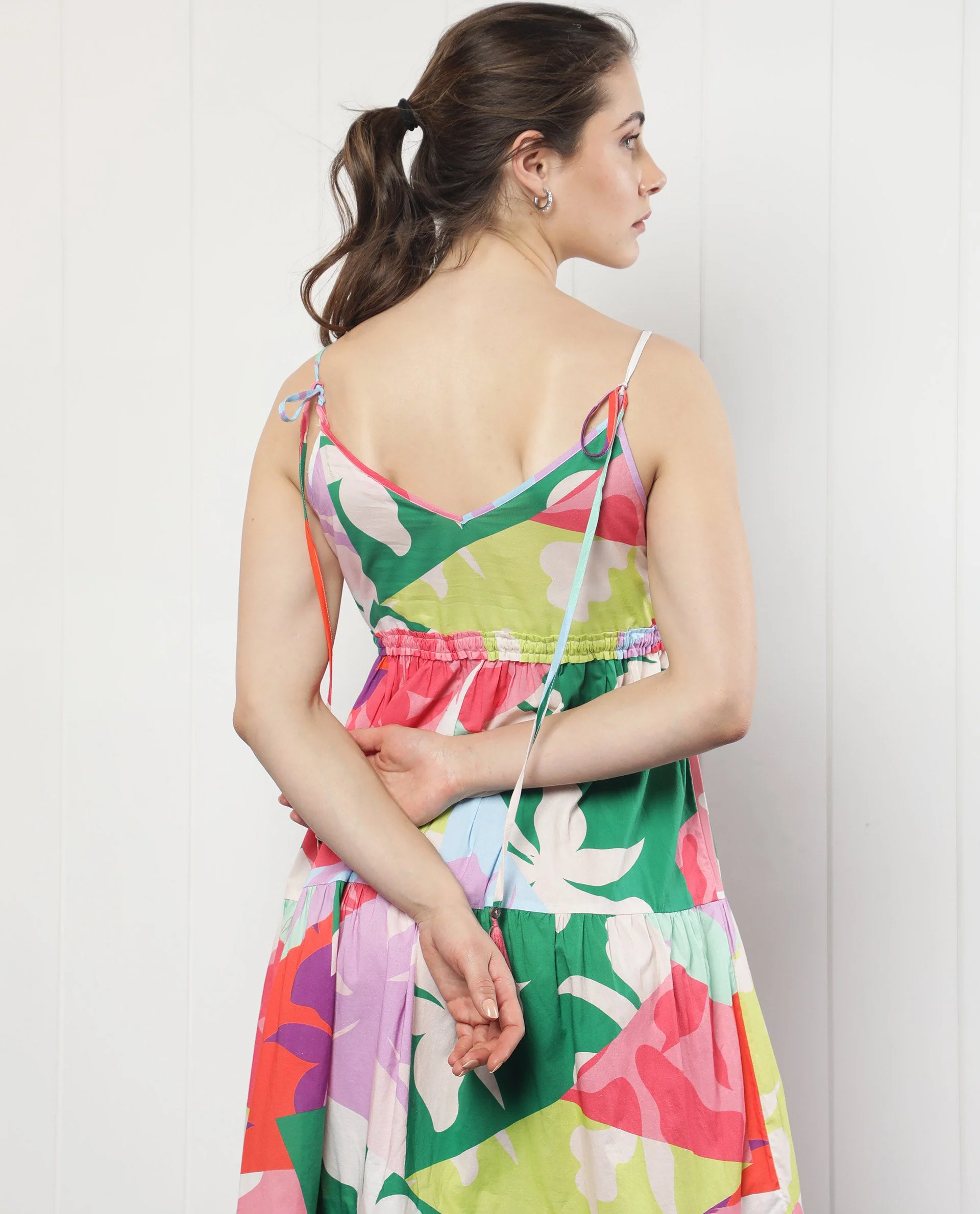 Rareism Women's Grace Multi Cotton V-Neck Floral Print Shoulder Strap Knee Length Regular Fit Dress - Image 8