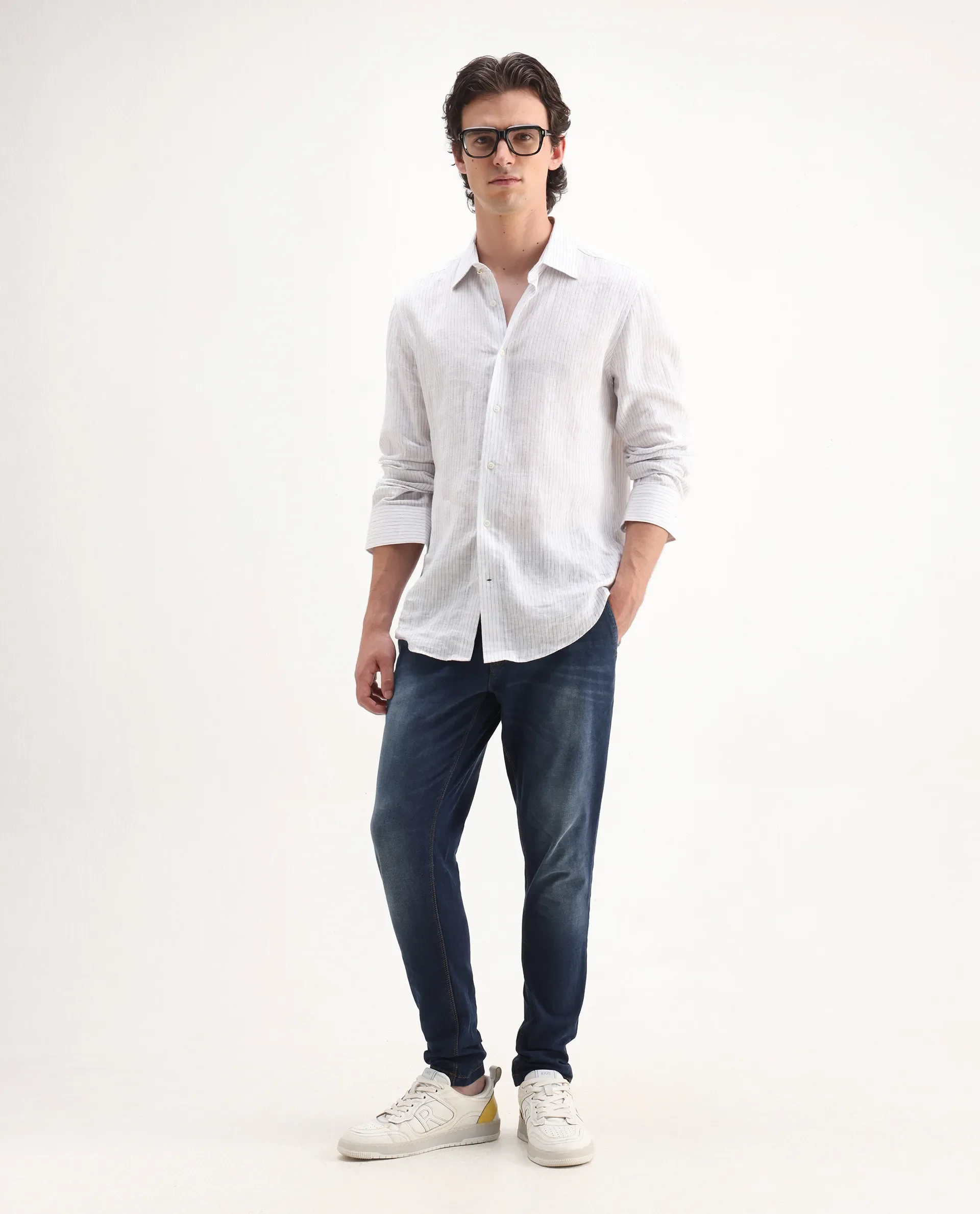 Rare Rabbit Men's Gracia Blue Cotton Plain Hawk Slim Fit Jeans