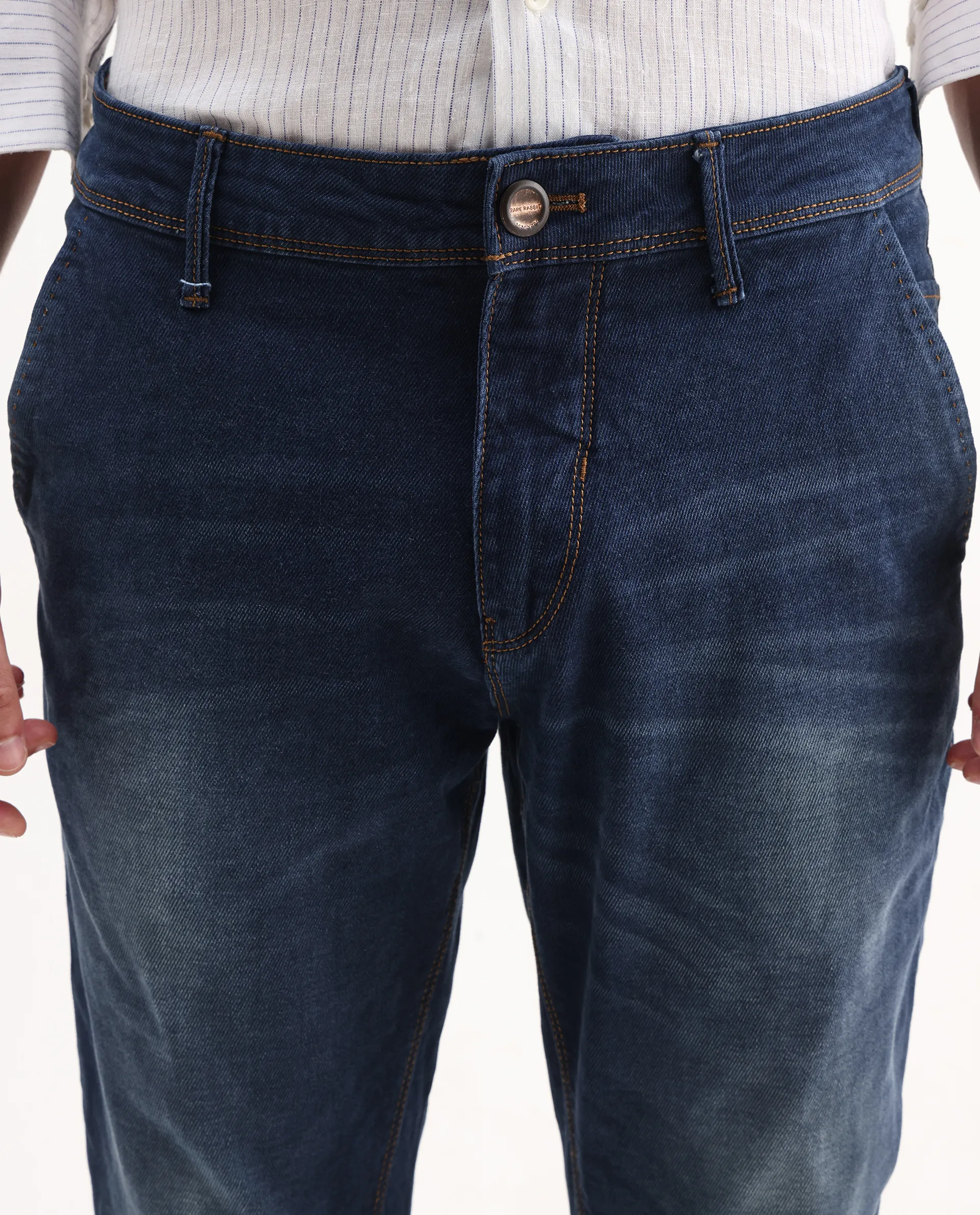 Rare Rabbit Men's Gracia Blue Cotton Plain Hawk Slim Fit Jeans - Image 3