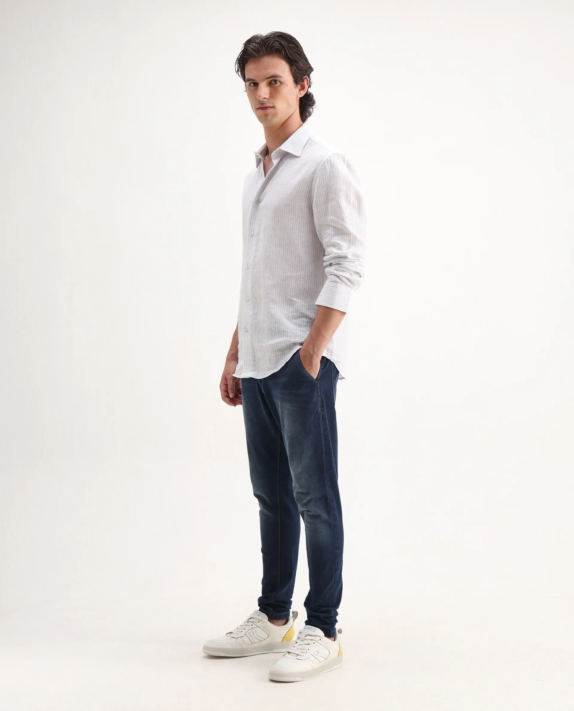 Rare Rabbit Men's Gracia Blue Cotton Plain Hawk Slim Fit Jeans - Image 8