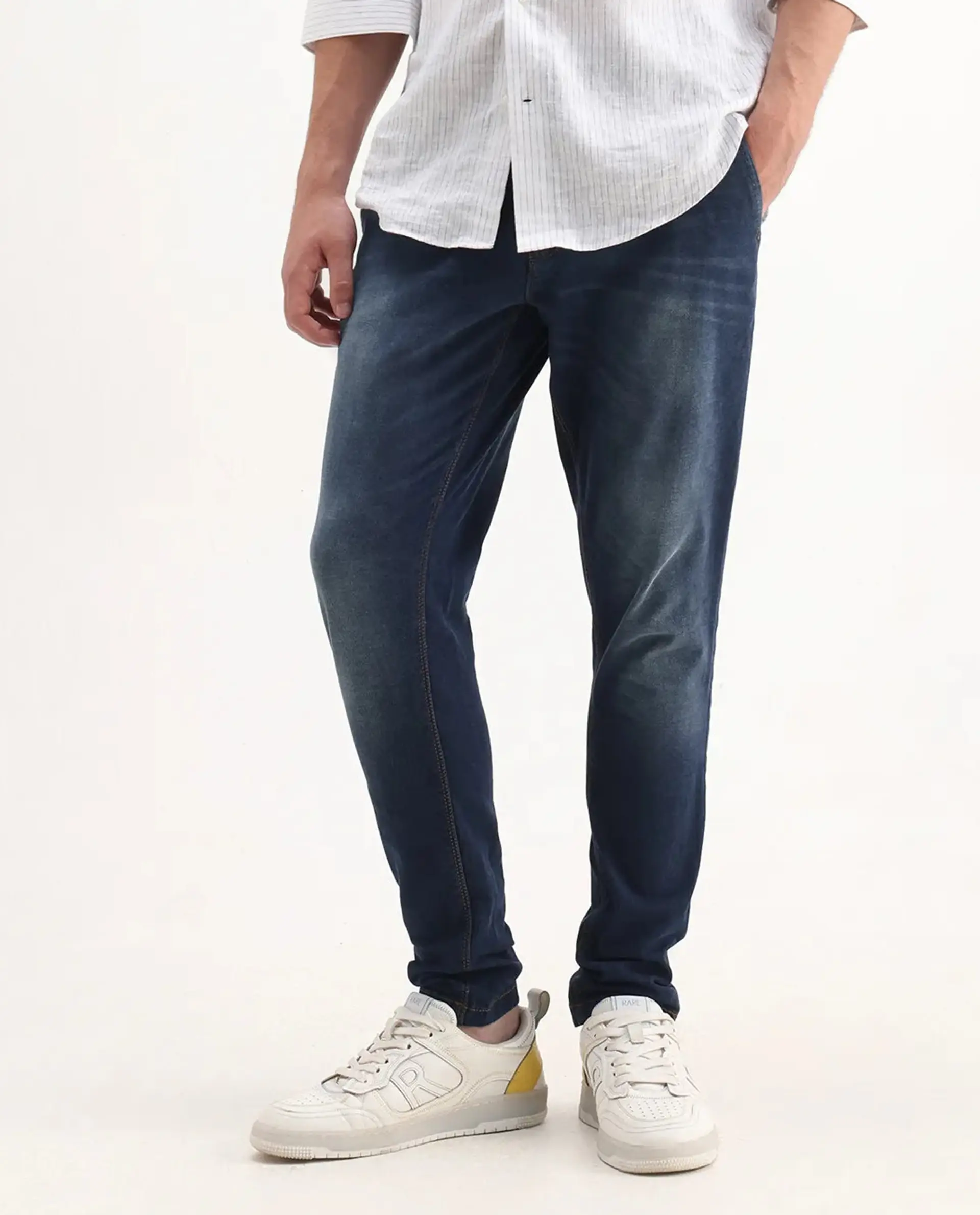 Rare Rabbit Men's Gracia Blue Cotton Plain Hawk Slim Fit Jeans - Image 9