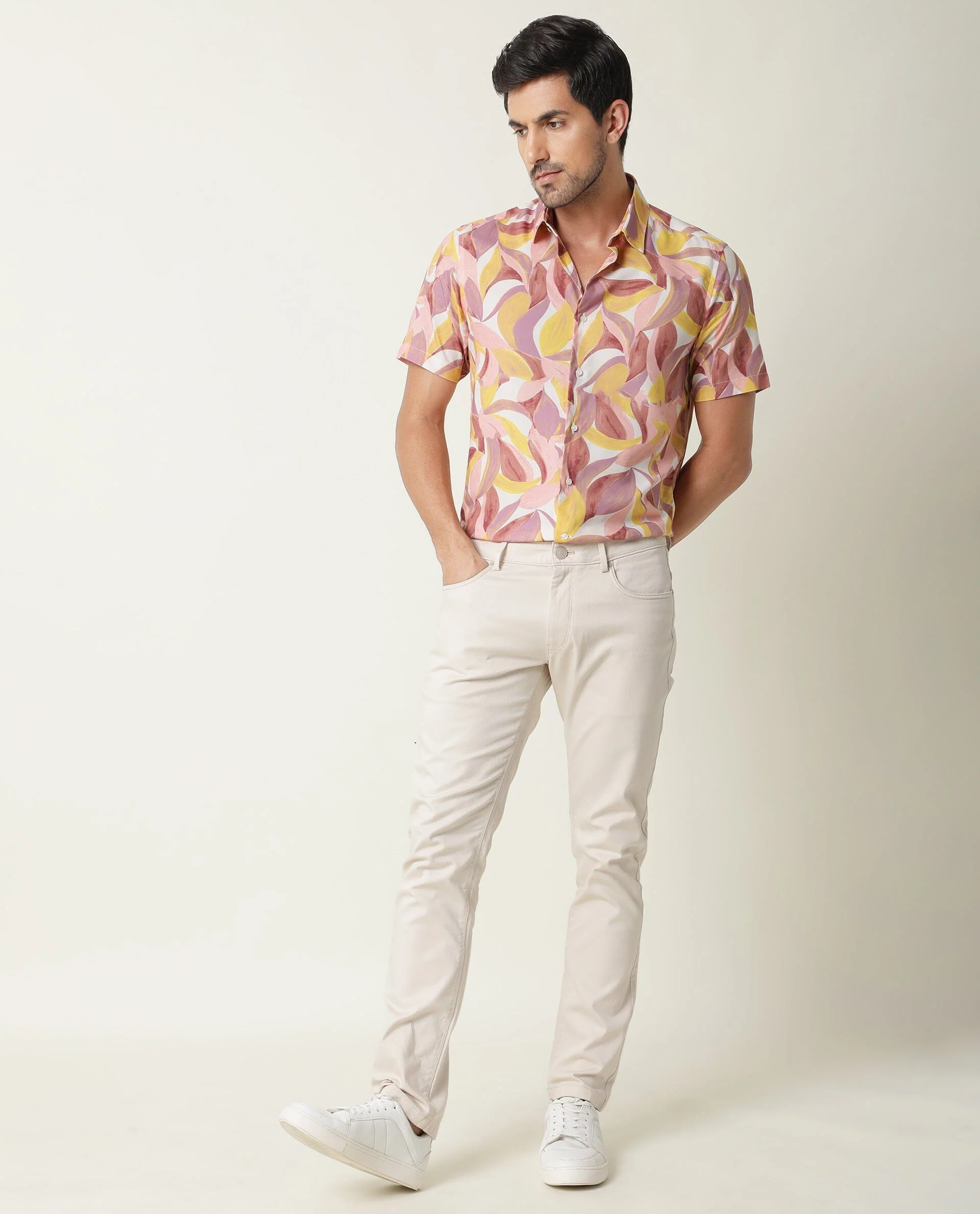 Rare Rabbit Men's Grafe Beige Viscose Tropical Print Regular Fit Half Sleeve Collared Shirt - Image 3