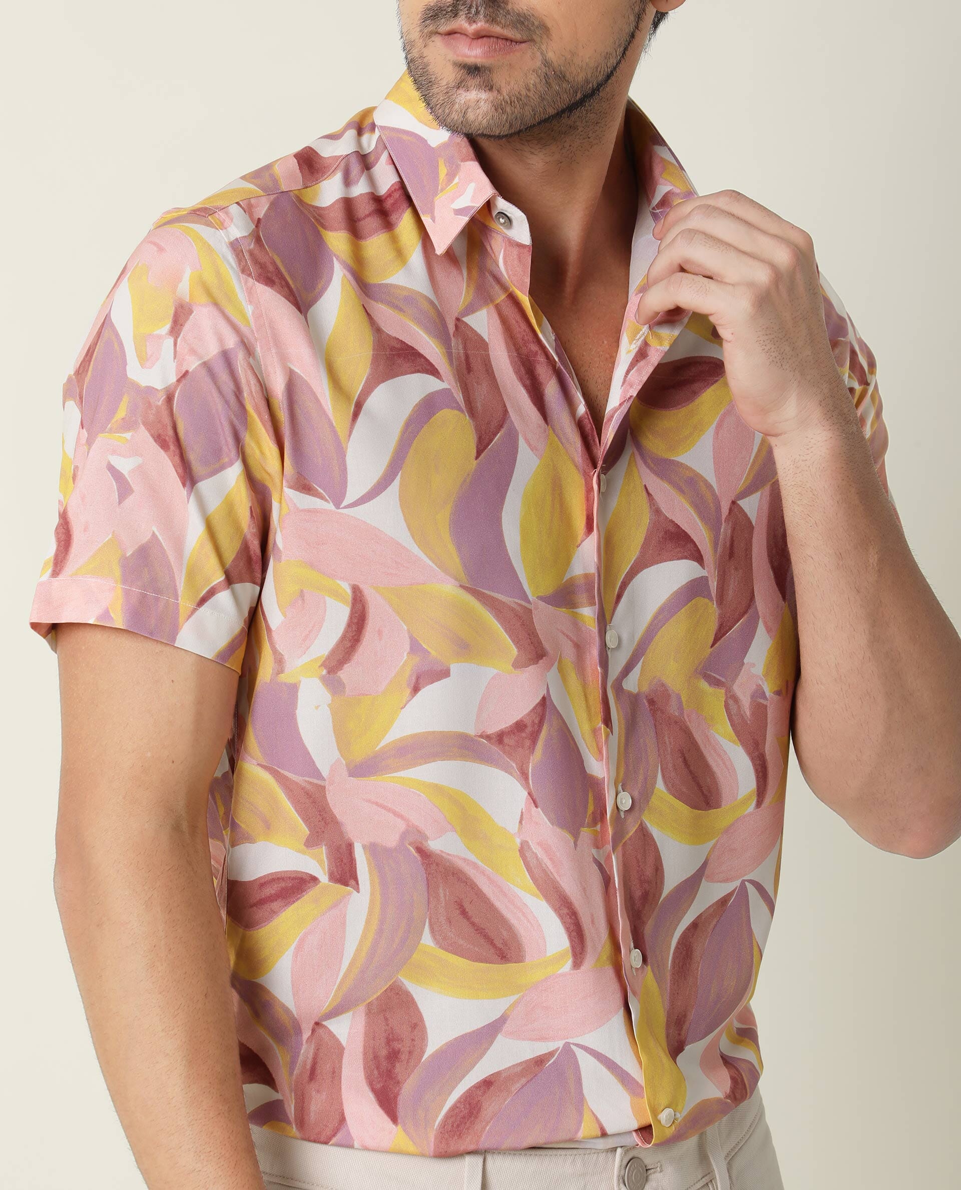Rare Rabbit Men's Grafe Beige Viscose Tropical Print Regular Fit Half Sleeve Collared Shirt - Image 4