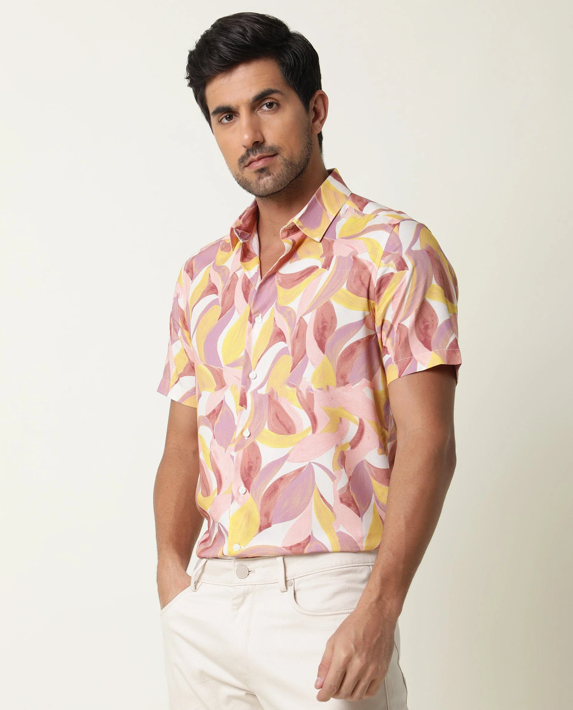 Rare Rabbit Men's Grafe Beige Viscose Tropical Print Regular Fit Half Sleeve Collared Shirt - Image 5