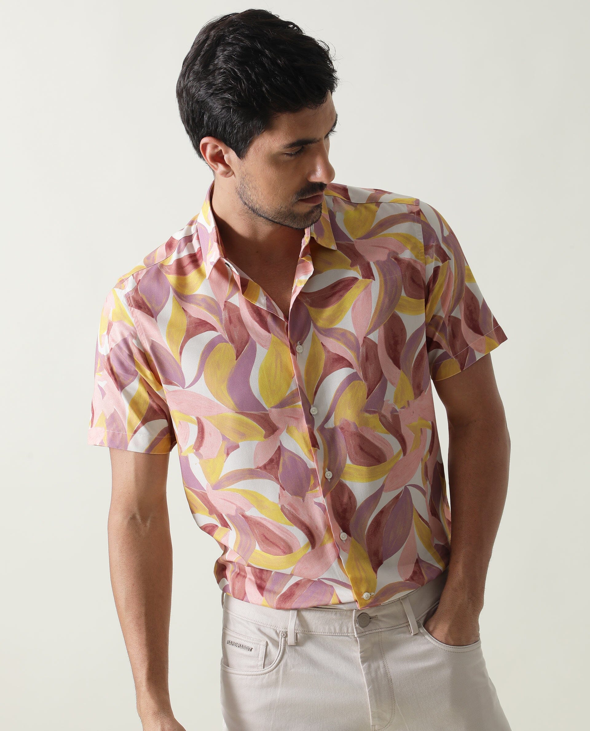 Rare Rabbit Men's Grafe Beige Viscose Tropical Print Regular Fit Half Sleeve Collared Shirt - Image 6