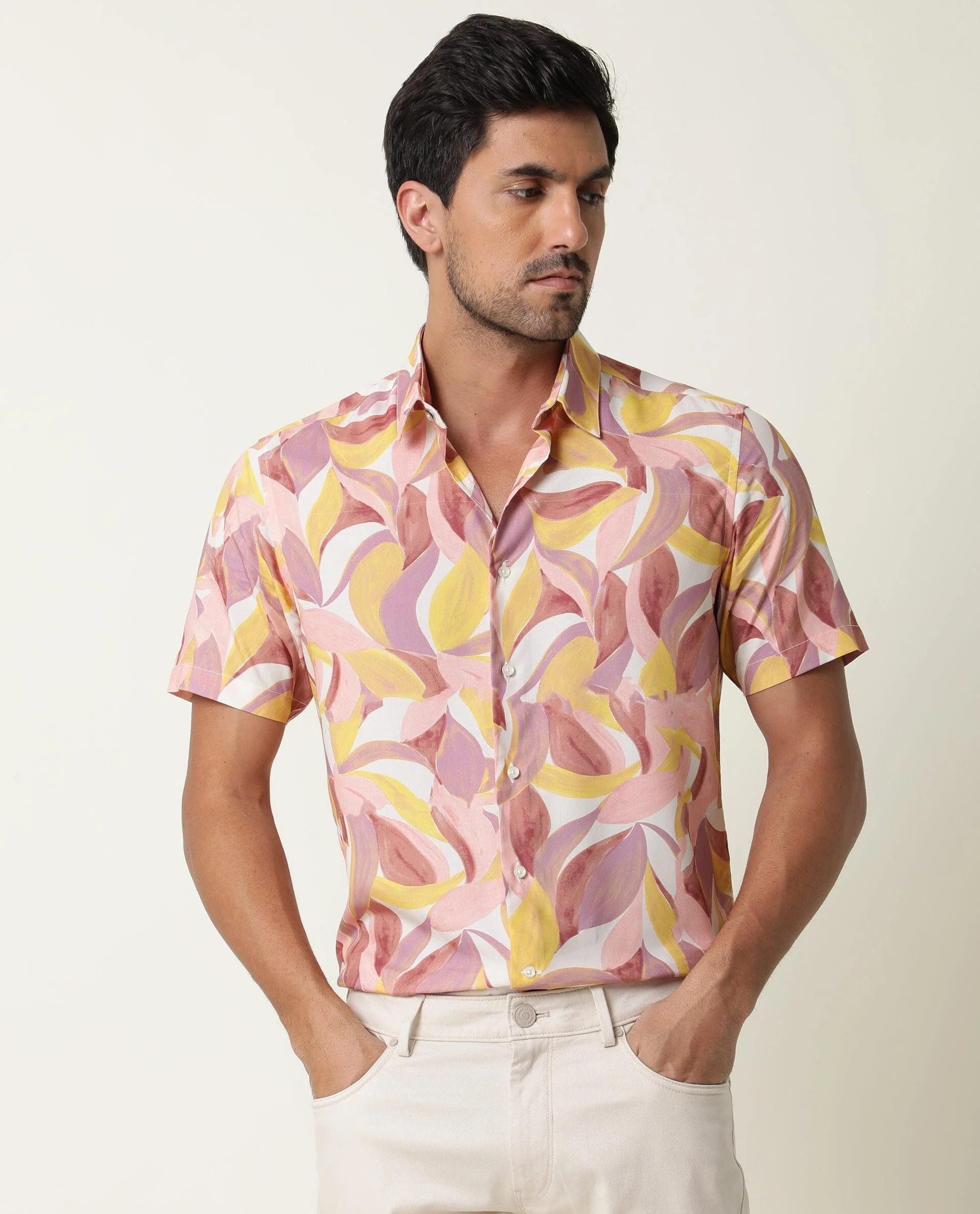 Rare Rabbit Men's Grafe Beige Viscose Tropical Print Regular Fit Half Sleeve Collared Shirt - Image 7