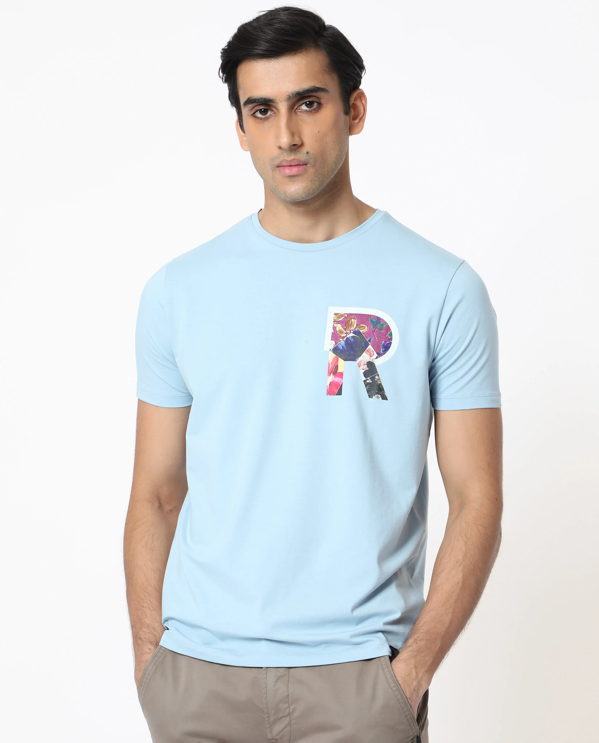 Rare Rabbit Men's Grafton Light Blue Cotton Floral Print Slim Fit Half Sleeve Crew Neck T-Shirt