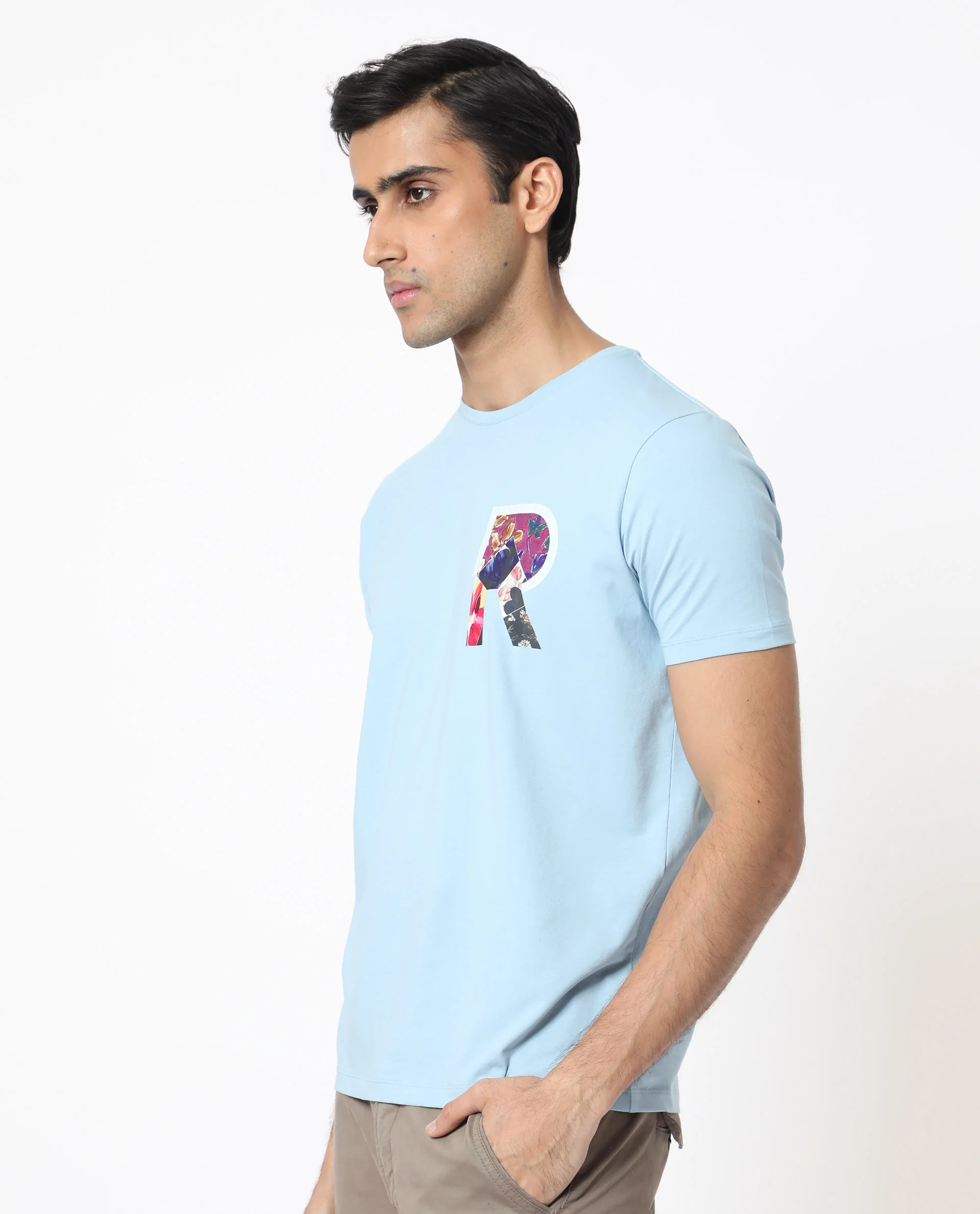 Rare Rabbit Men's Grafton Light Blue Cotton Floral Print Slim Fit Half Sleeve Crew Neck T-Shirt - Image 3