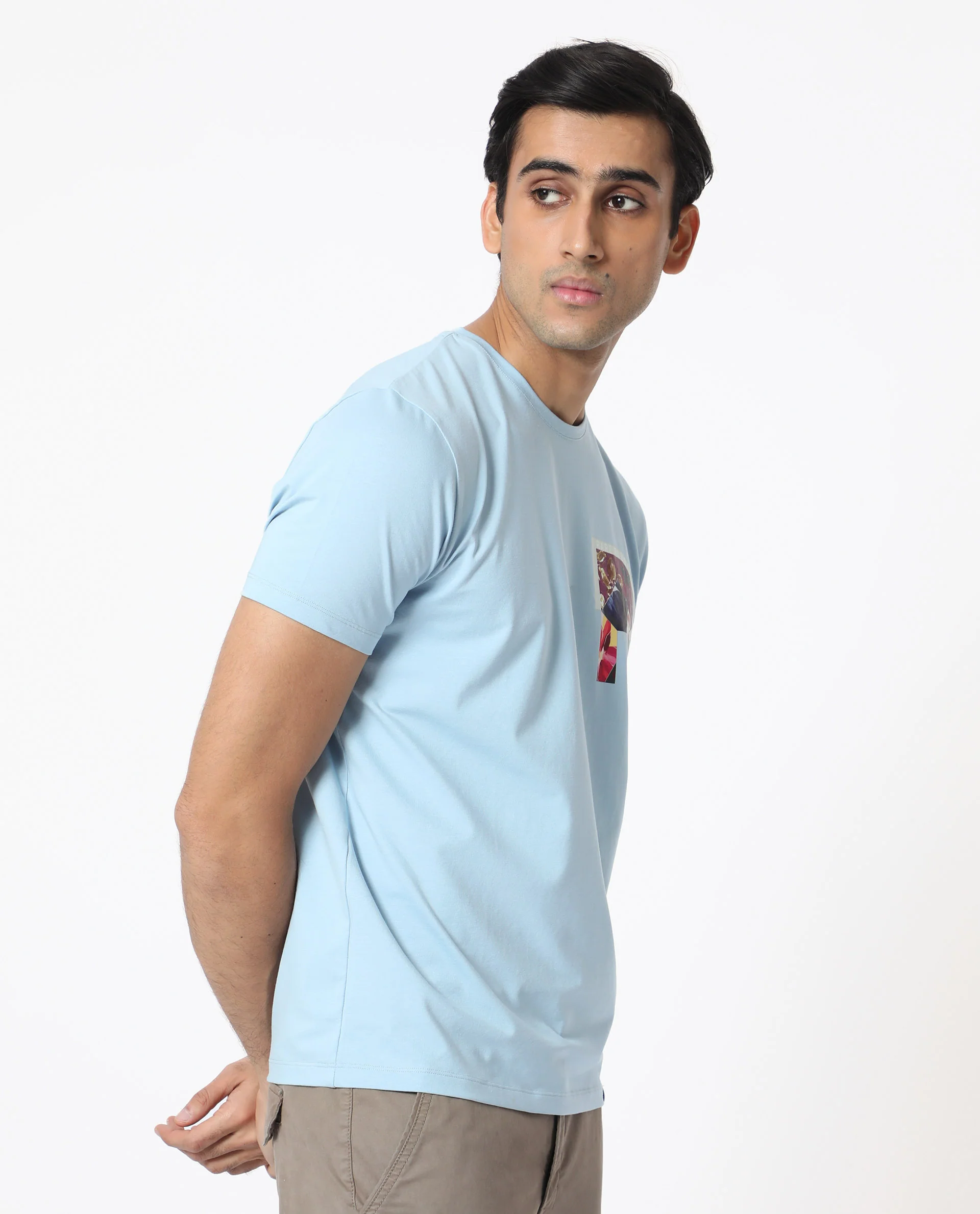 Rare Rabbit Men's Grafton Light Blue Cotton Floral Print Slim Fit Half Sleeve Crew Neck T-Shirt - Image 4