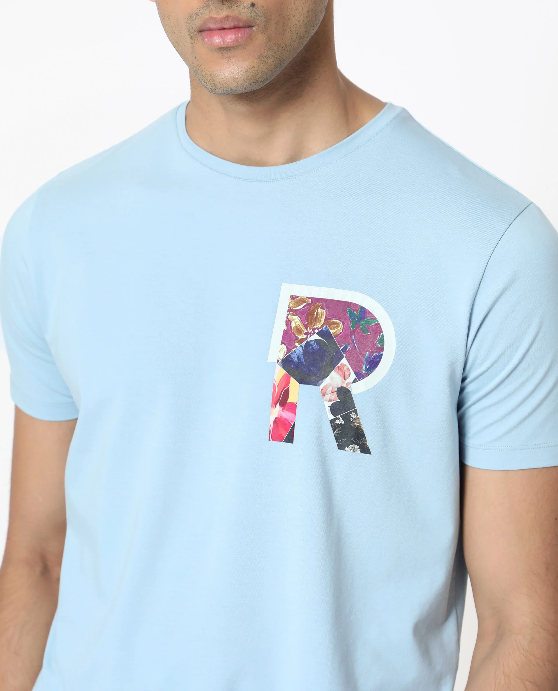 Rare Rabbit Men's Grafton Light Blue Cotton Floral Print Slim Fit Half Sleeve Crew Neck T-Shirt - Image 7