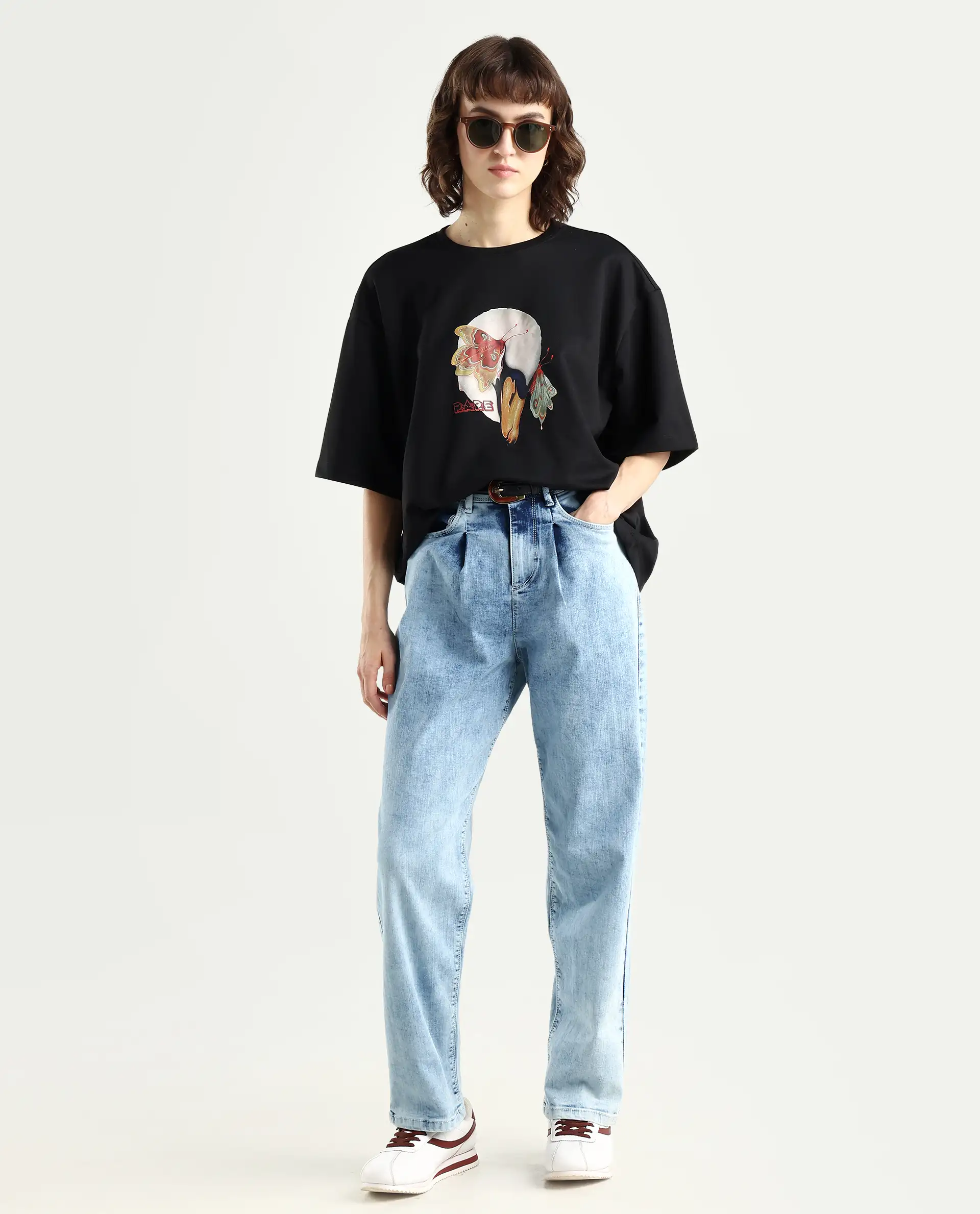 Rareism Women's Grail Black Cotton Blend Crew Neck Graphic Print Oversized T-Shirt - Image 2