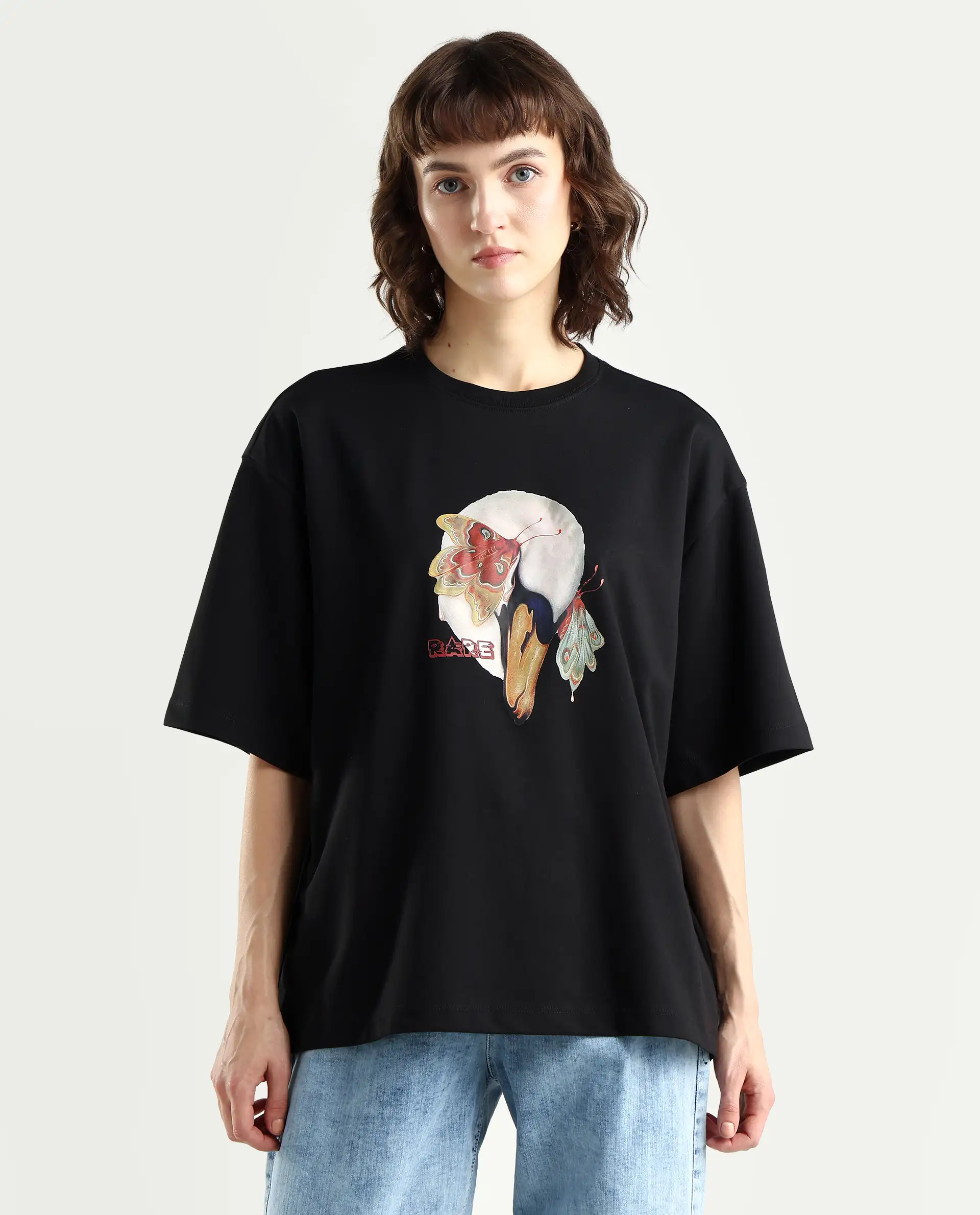 Rareism Women's Grail Black Cotton Blend Crew Neck Graphic Print Oversized T-Shirt - Image 3