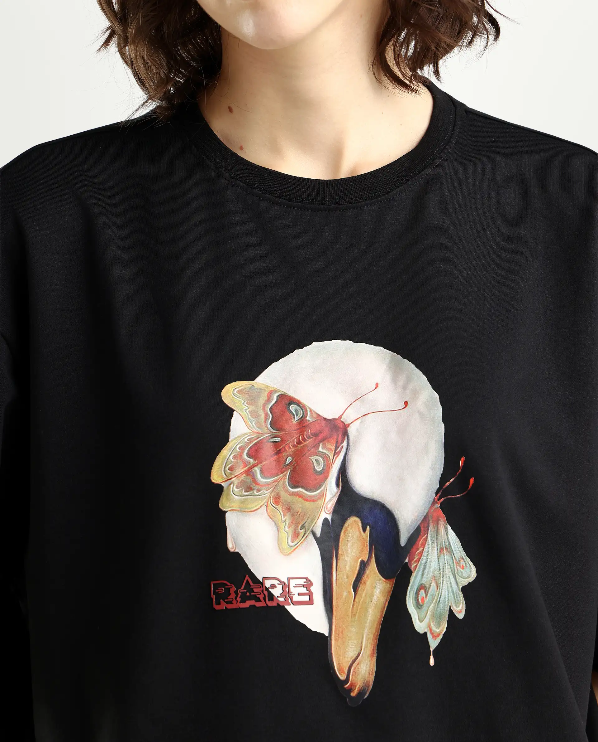 Rareism Women's Grail Black Cotton Blend Crew Neck Graphic Print Oversized T-Shirt - Image 4