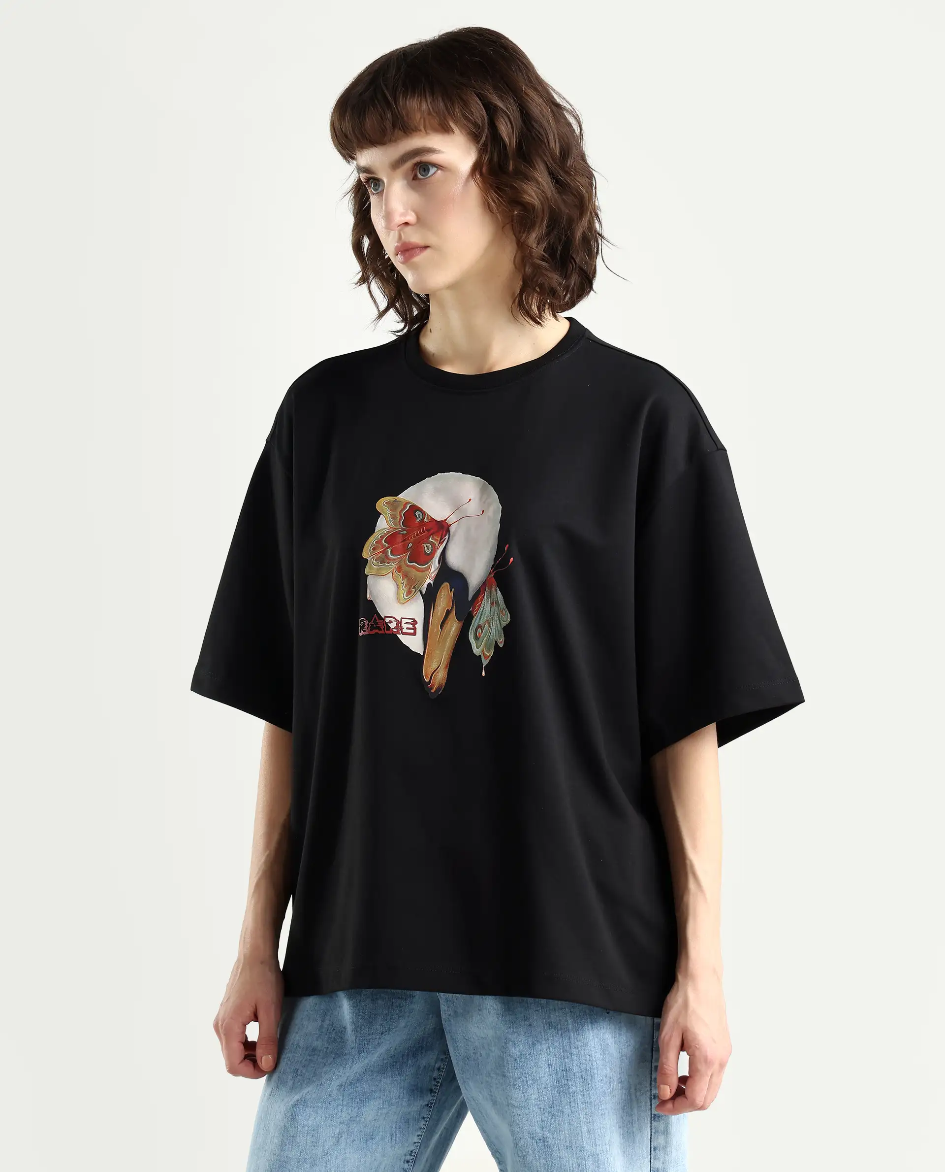 Rareism Women's Grail Black Cotton Blend Crew Neck Graphic Print Oversized T-Shirt - Image 5