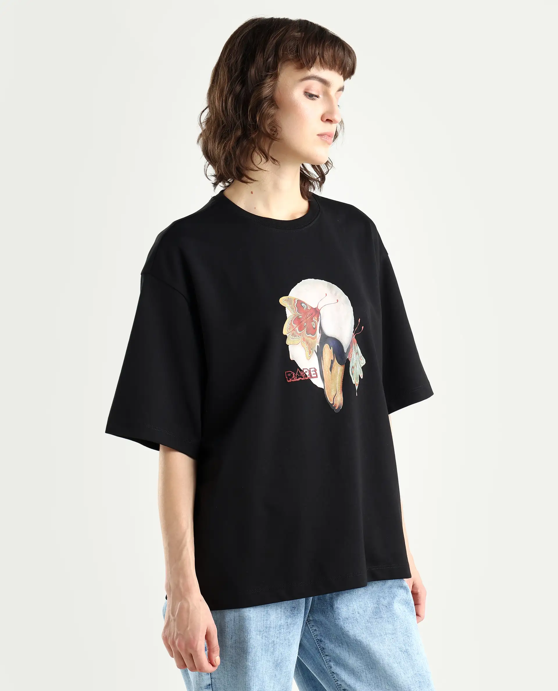 Rareism Women's Grail Black Cotton Blend Crew Neck Graphic Print Oversized T-Shirt - Image 6