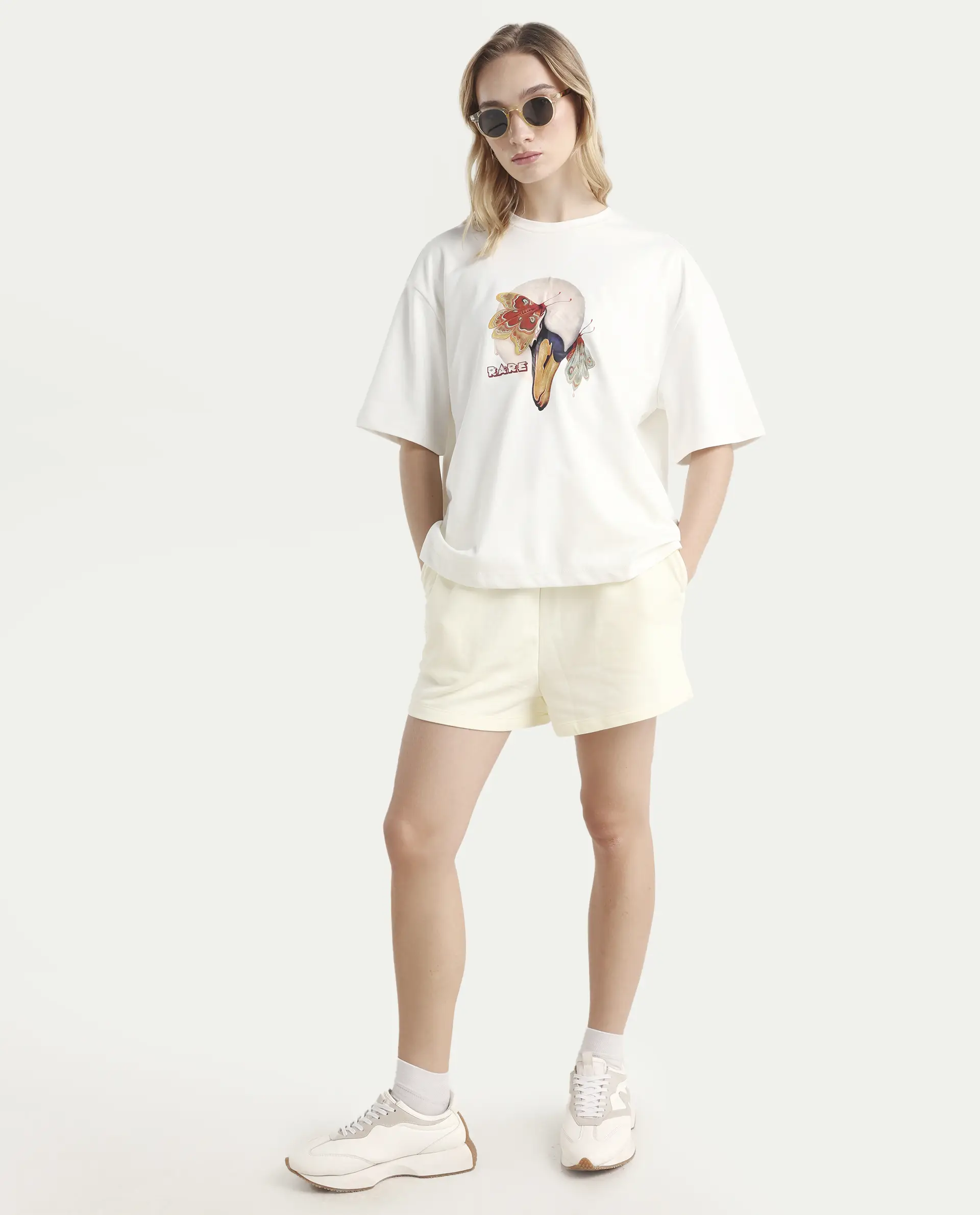 Rareism Women's Grail Off White Cotton Blend Crew Neck Graphic Print Oversized T-Shirt - Image 2