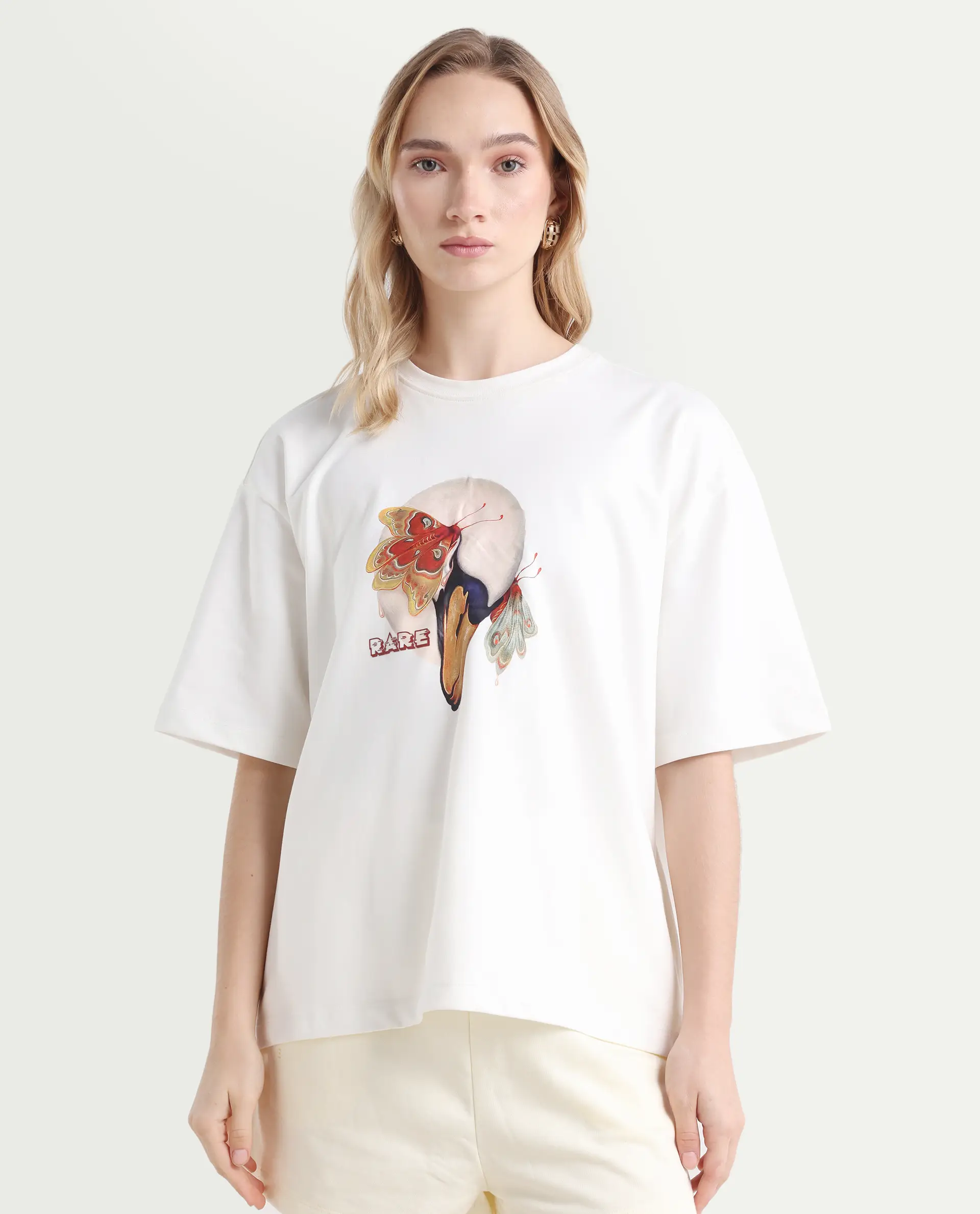 Rareism Women's Grail Off White Cotton Blend Crew Neck Graphic Print Oversized T-Shirt - Image 3