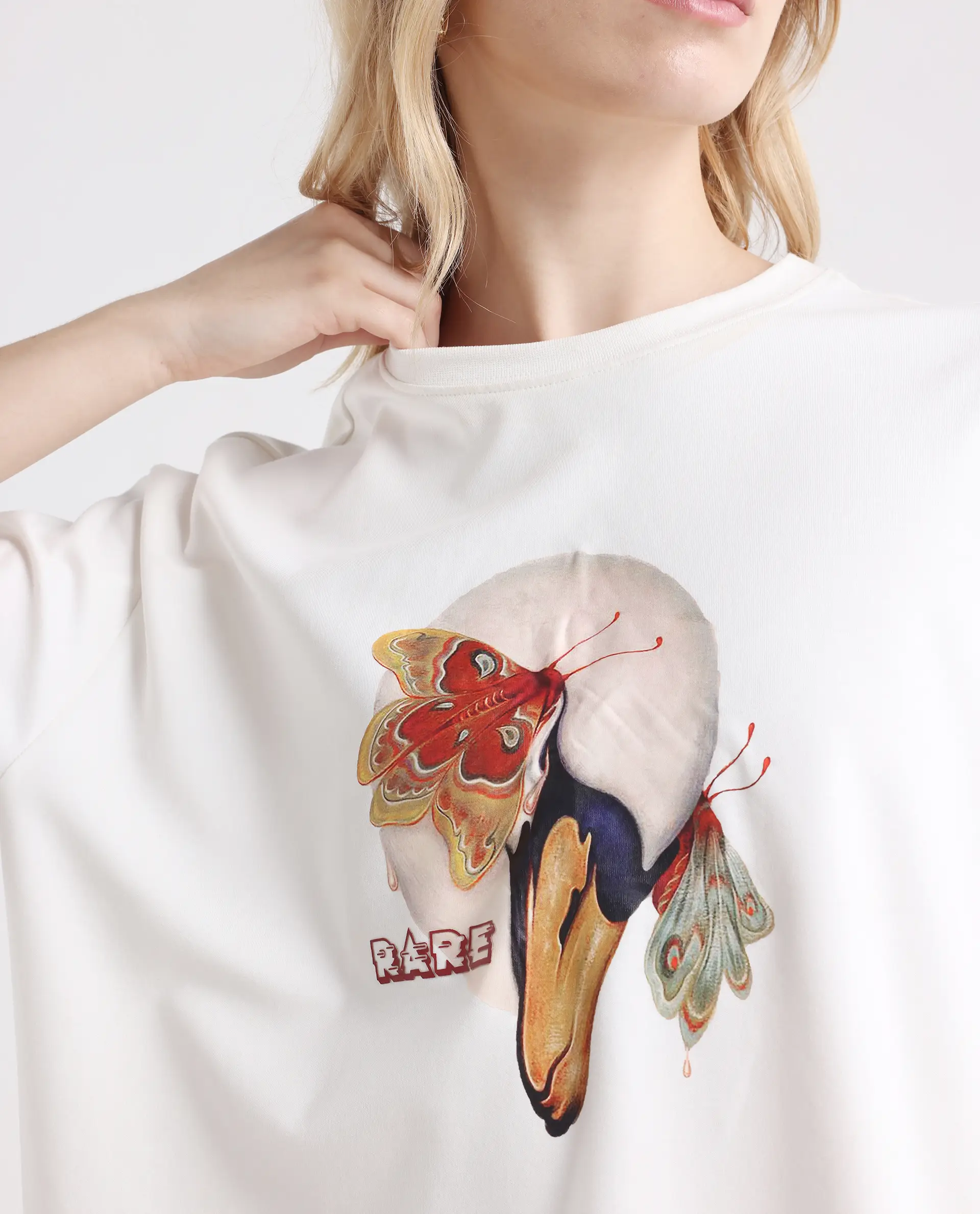 Rareism Women's Grail Off White Cotton Blend Crew Neck Graphic Print Oversized T-Shirt - Image 4